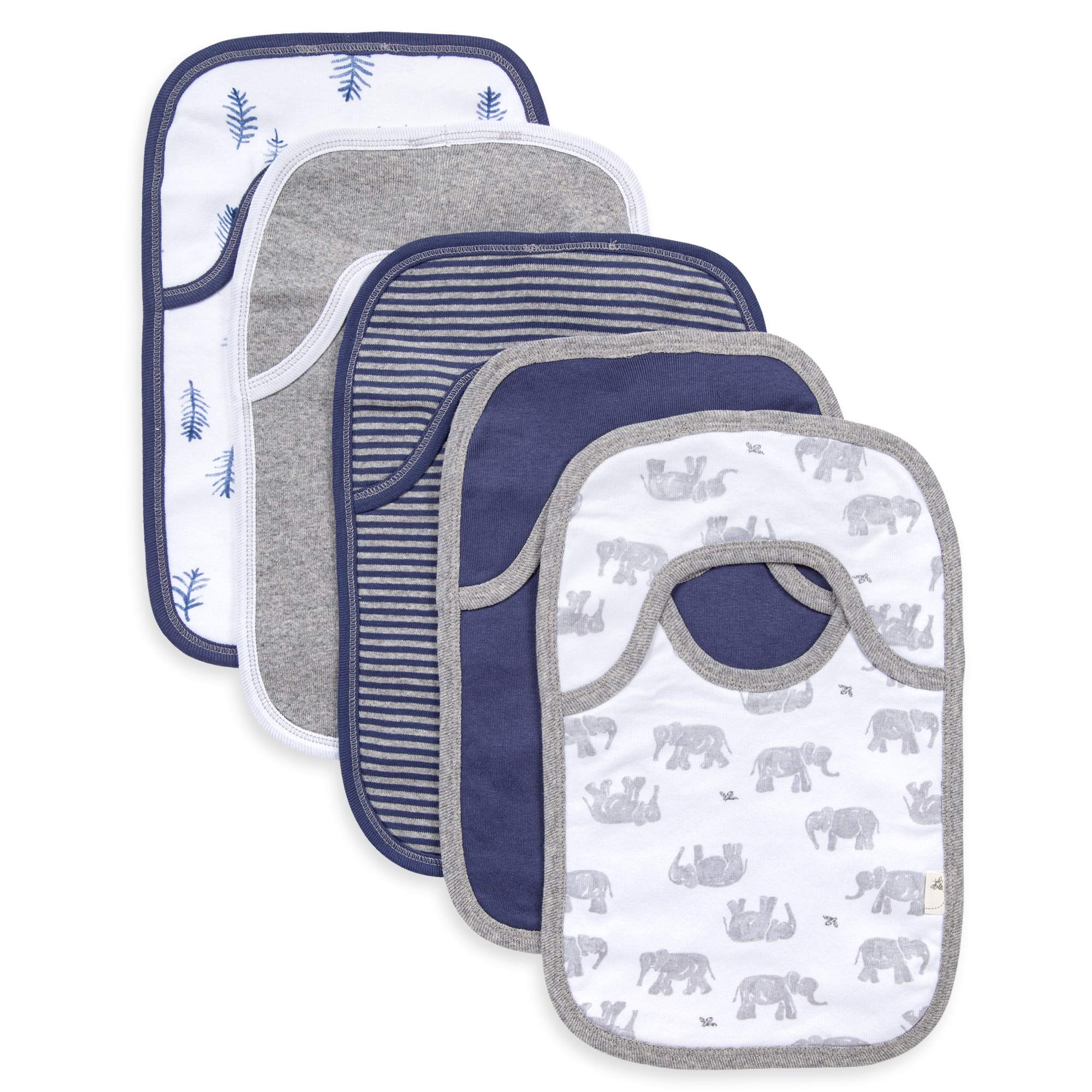 Burt's Bees Baby Bibs 5-pack drool cloths in Wandering Elephants offer soft organic cotton and high absorbency.