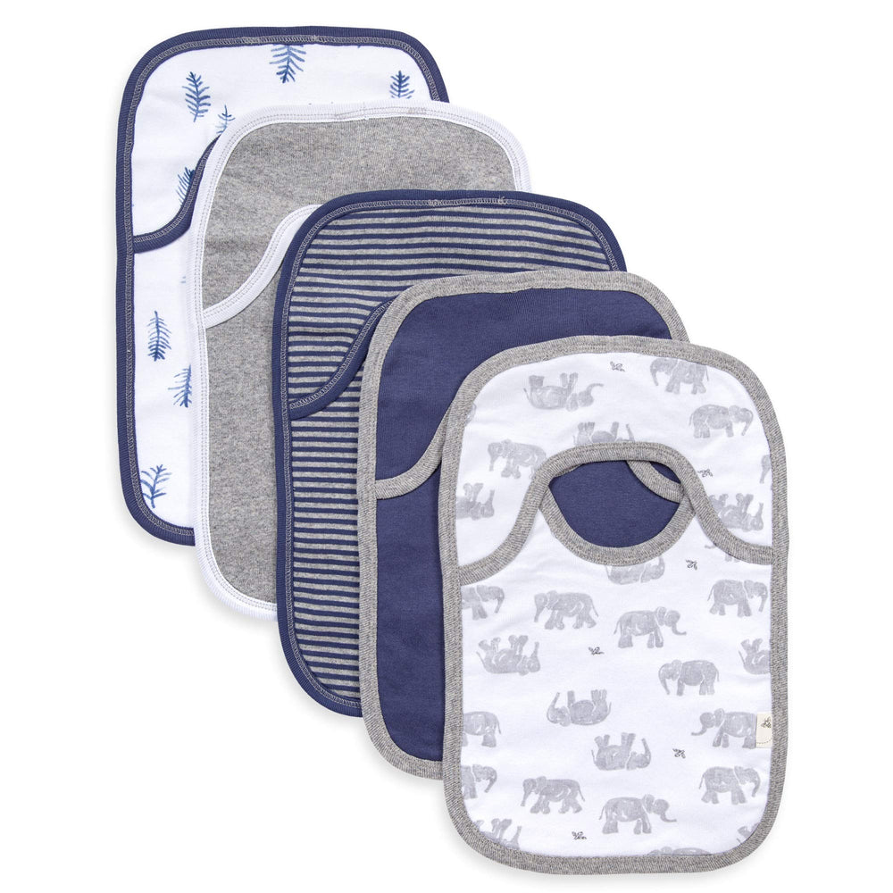 Burt's Bees Baby Bibs 5-pack drool cloths in Wandering Elephants offer soft organic cotton and high absorbency.