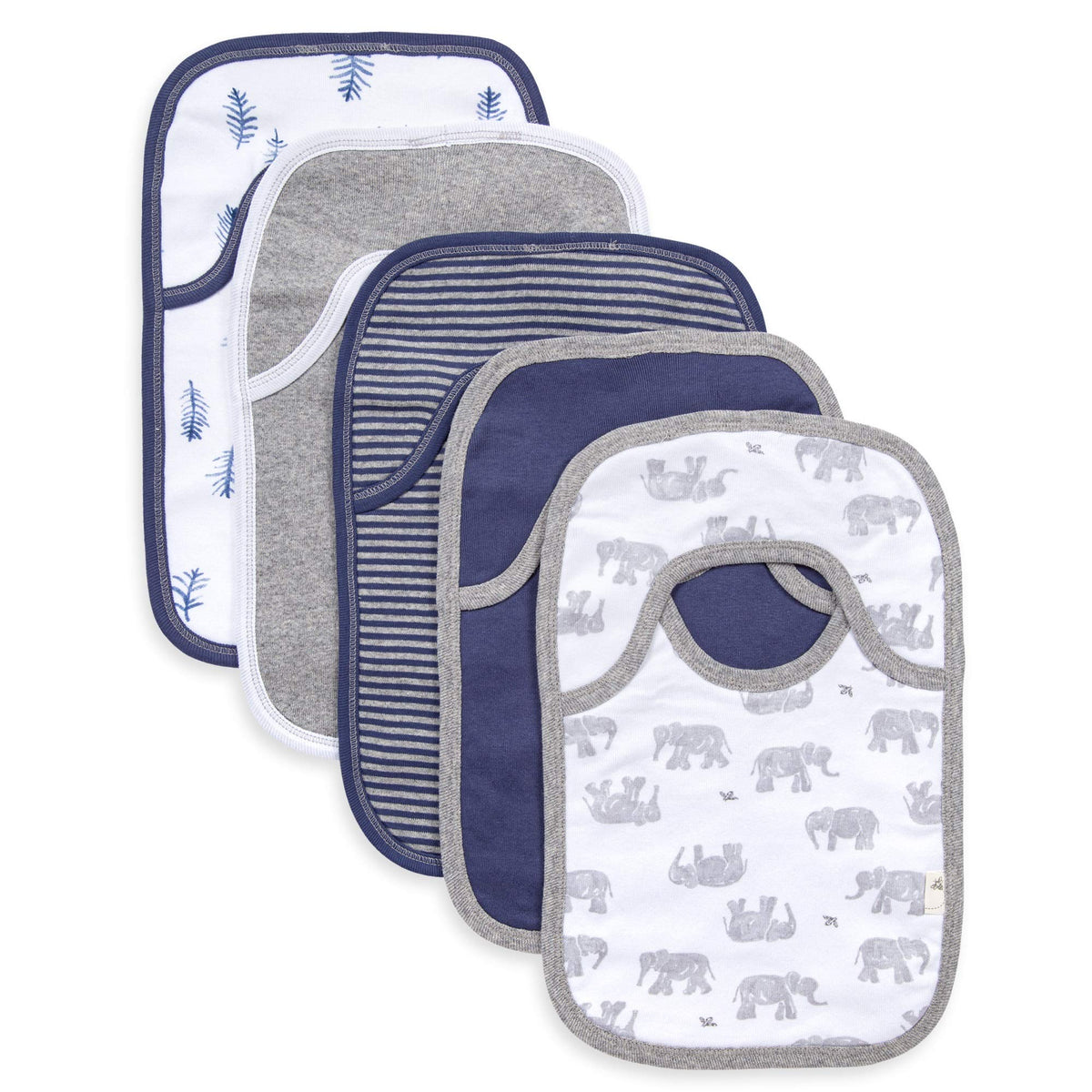 Burt's Bees Baby Bibs 5-pack drool cloths in Wandering Elephants offer soft organic cotton and high absorbency.