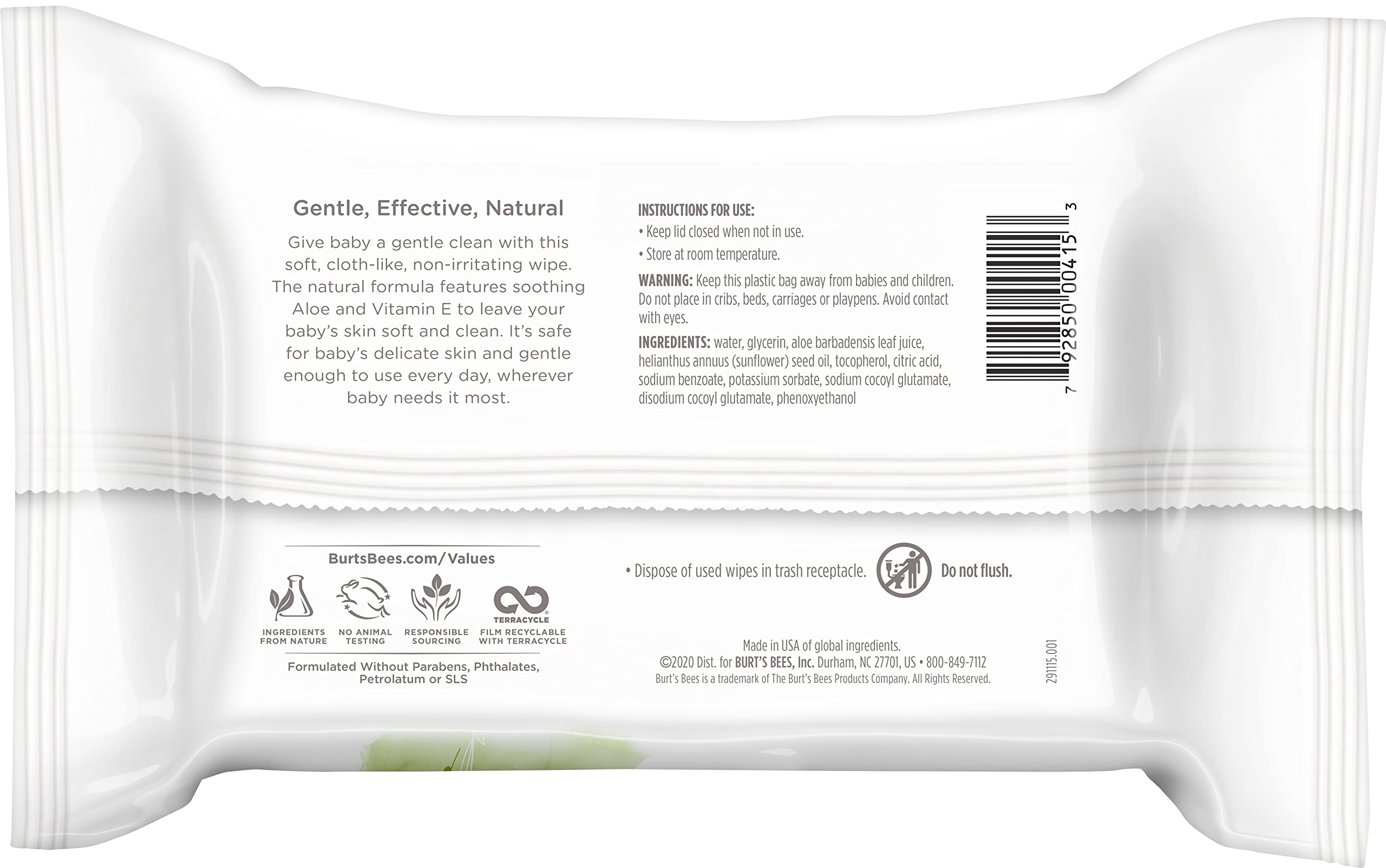 Burt's Bees Baby chlorine-free wipes with Aloe and Vitamin E provide gentle hydration.