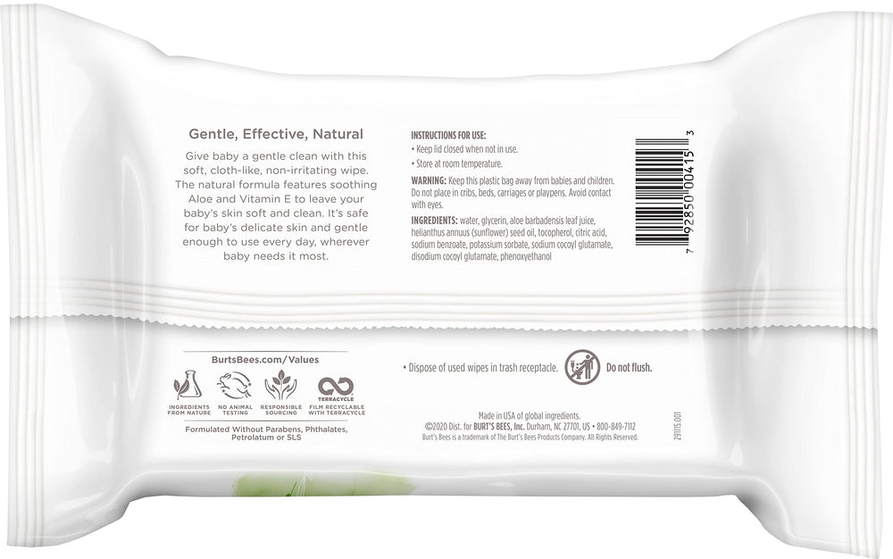 Burt's Bees Baby chlorine-free wipes with Aloe and Vitamin E provide gentle hydration.