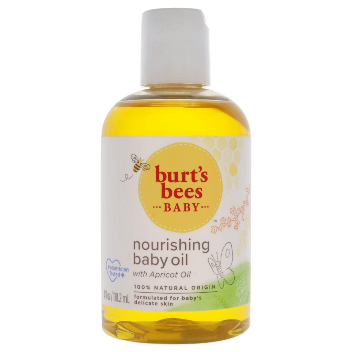 Burt's Bees Baby Oil being poured to hydrate delicate baby skin with apricot scent.