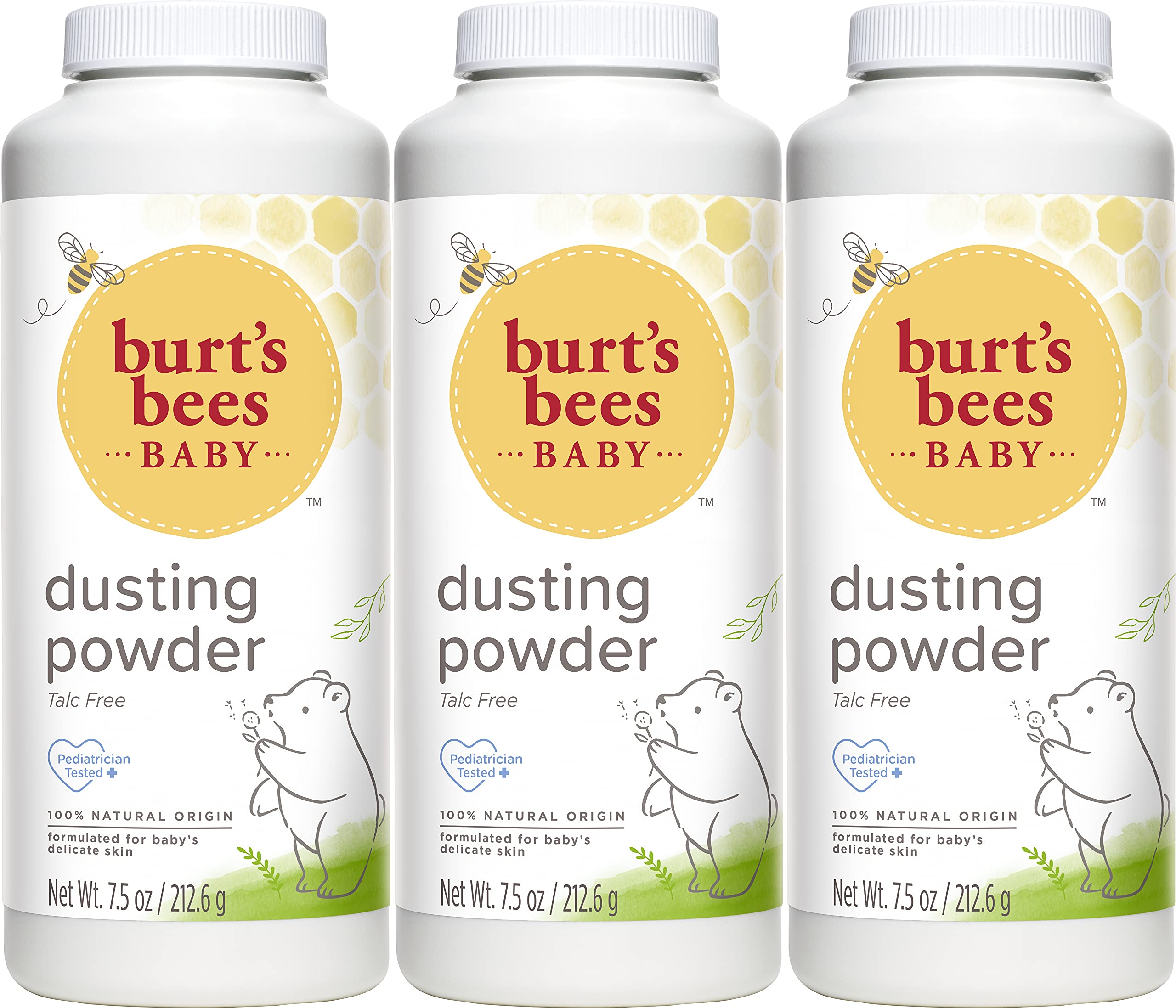 Burt's Bees Baby Powder 3-pack bottle pour demonstrates talc-free formula for gentle baby skin.