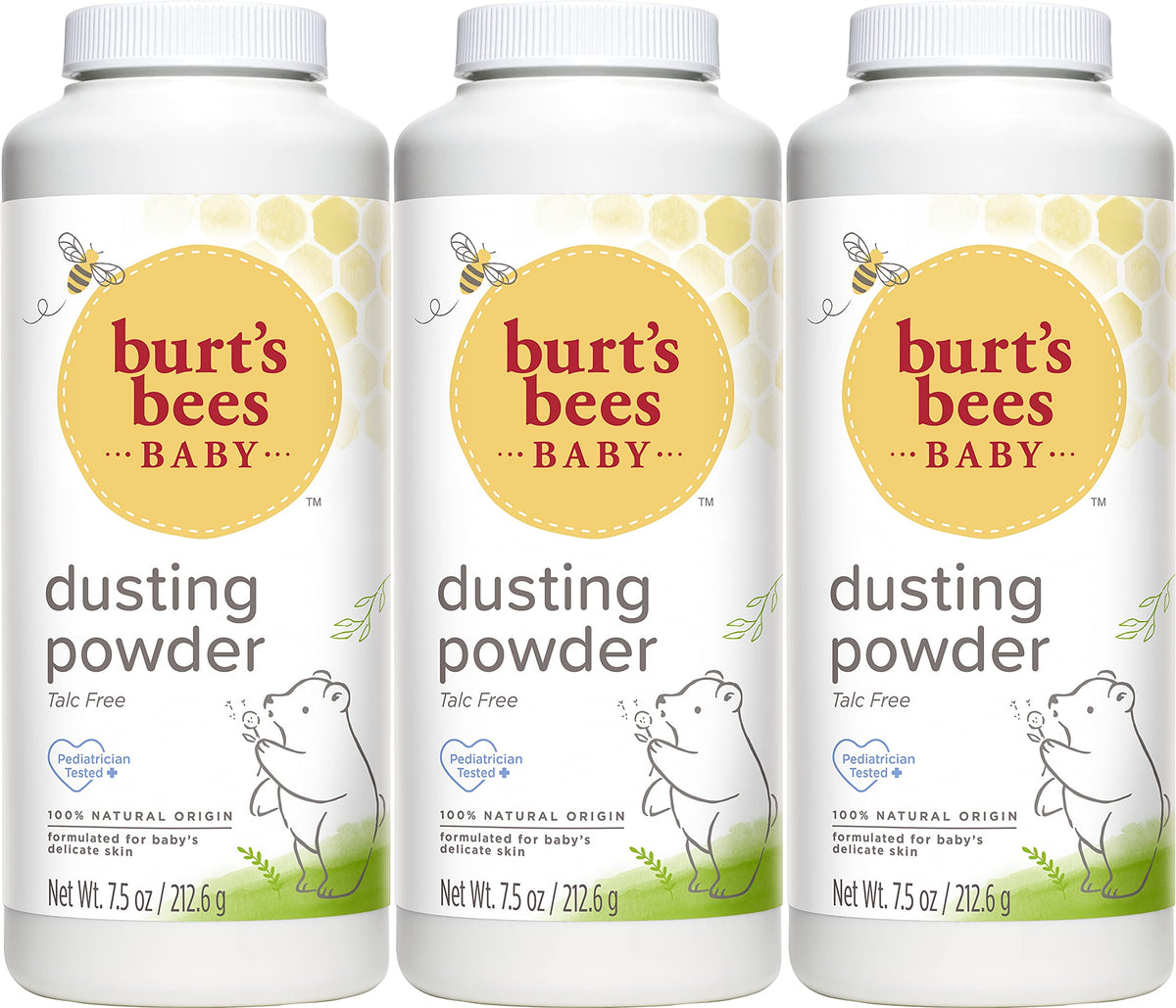 Burt's Bees Baby Powder 3-pack bottle pour demonstrates talc-free formula for gentle baby skin.