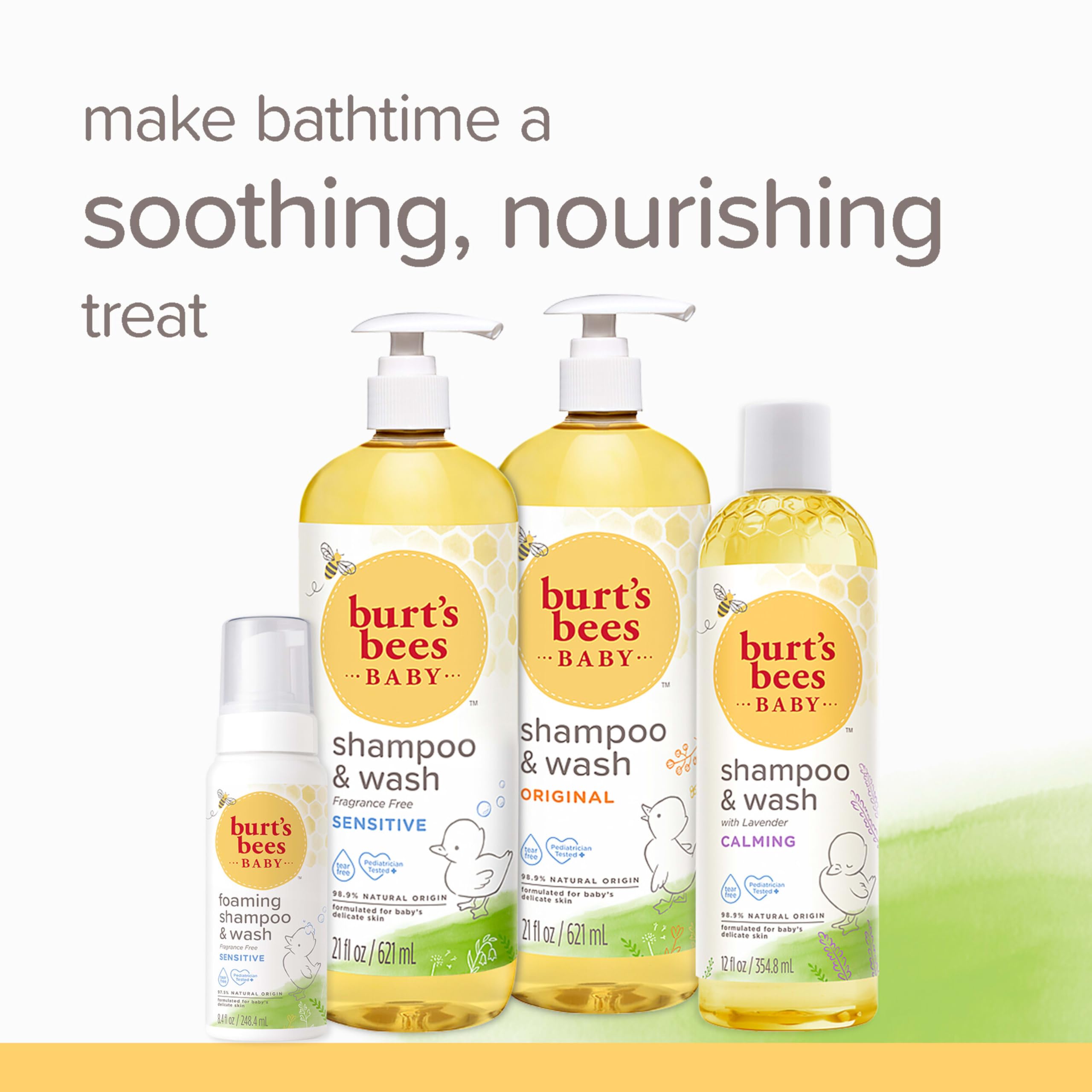 Burt's Bees Baby Shampoo bottle close-up emphasizes pediatrician-tested gentle formula.