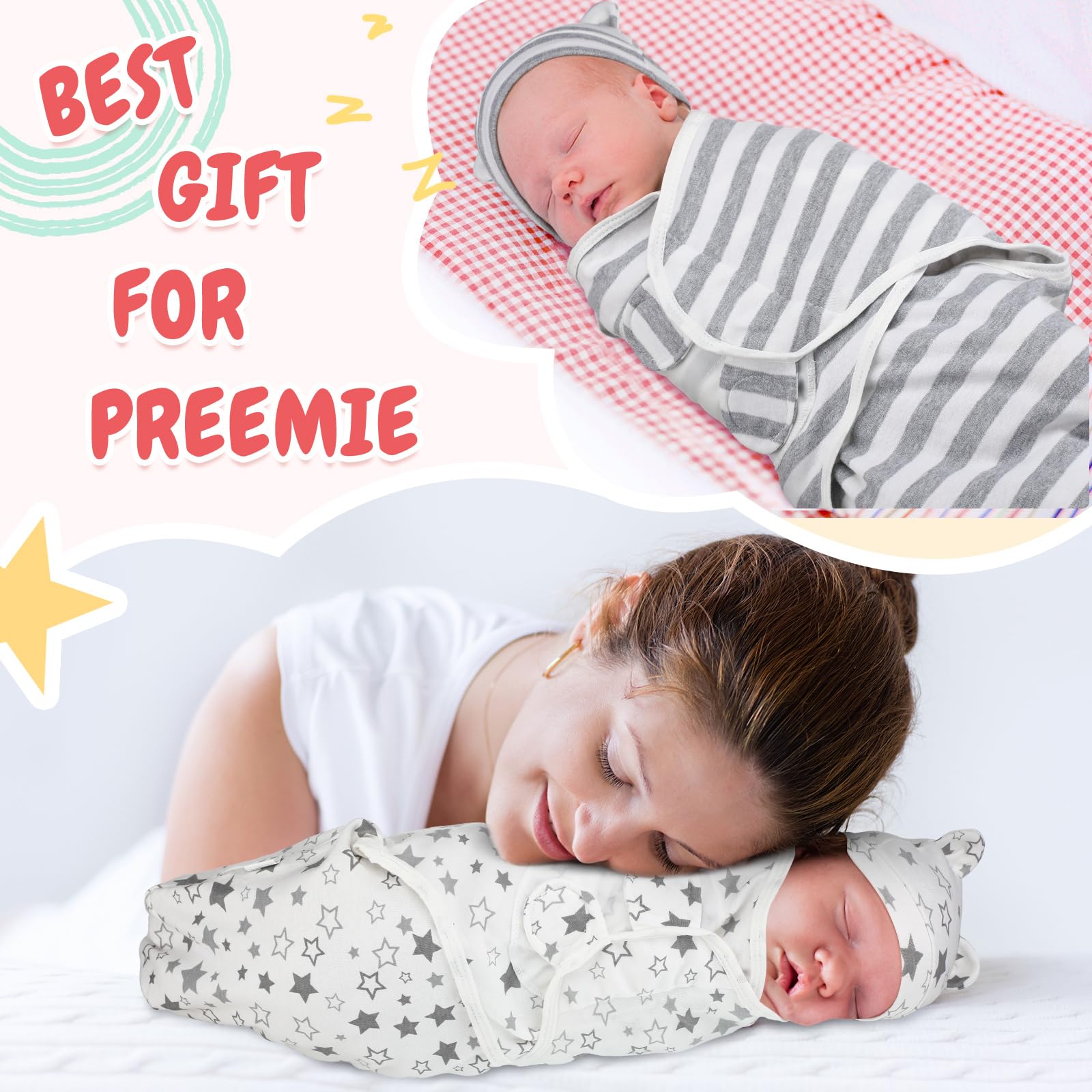 Buryeah gift-packaging-preemie-swaddle-gray-star emphasizes ready-made gift for new parents.