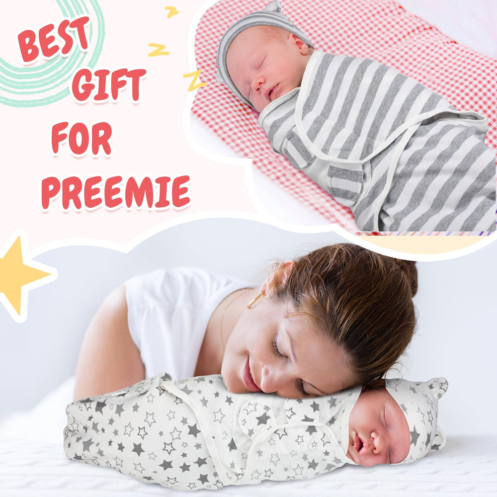 Buryeah gift-packaging-preemie-swaddle-gray-star emphasizes ready-made gift for new parents.