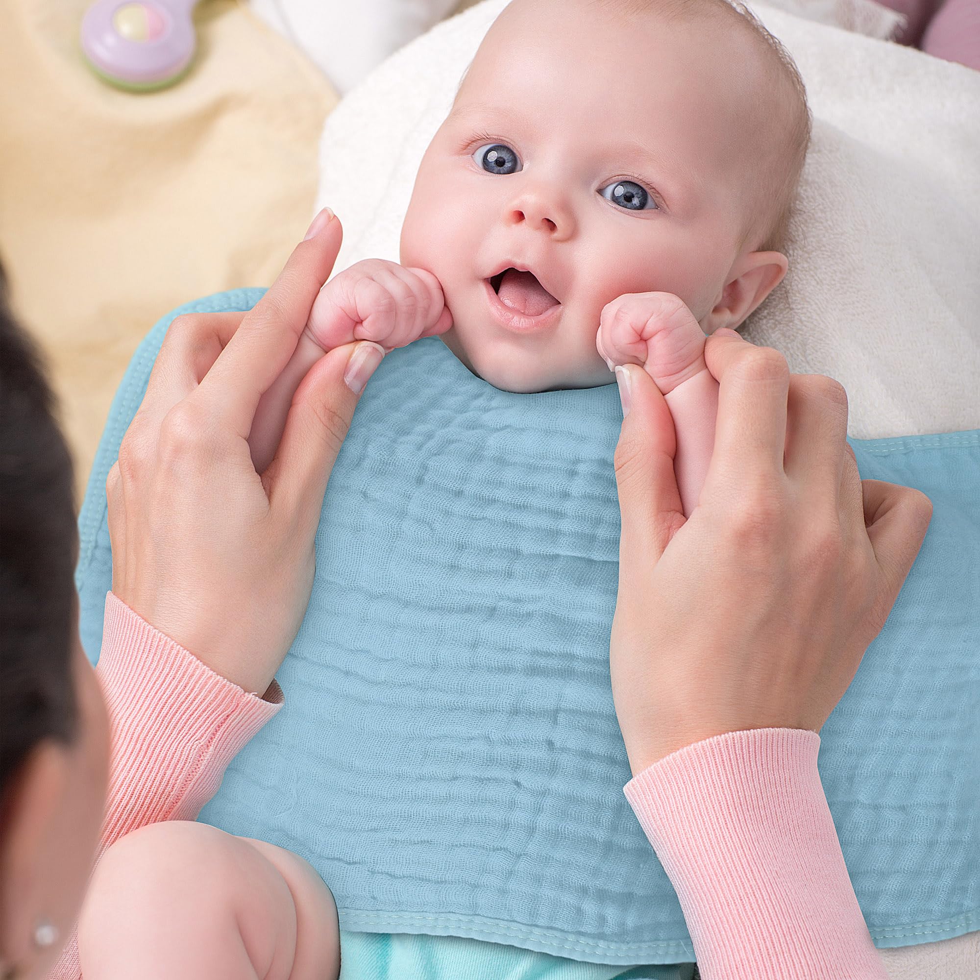 Folded Buryeah burp cloths demonstrate compact storage and quick access
