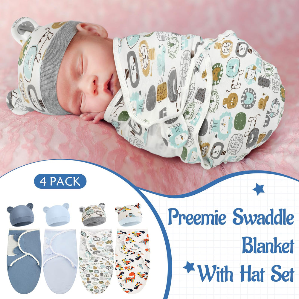 Buryeah preemie swaddle worn by baby blue center stage for secure cuddle.
