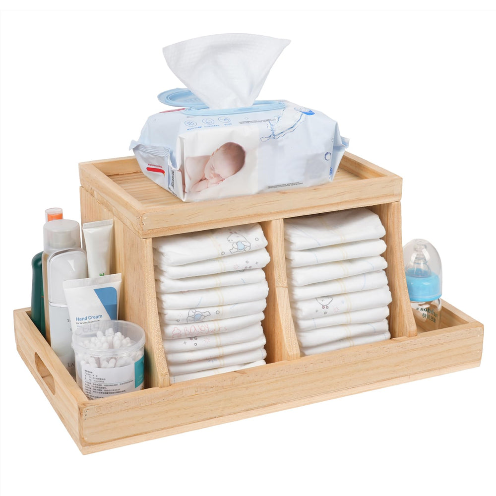Busidhji Diaper Caddy Organizer wooden frame demonstrates sturdy nursery storage for easy diaper access