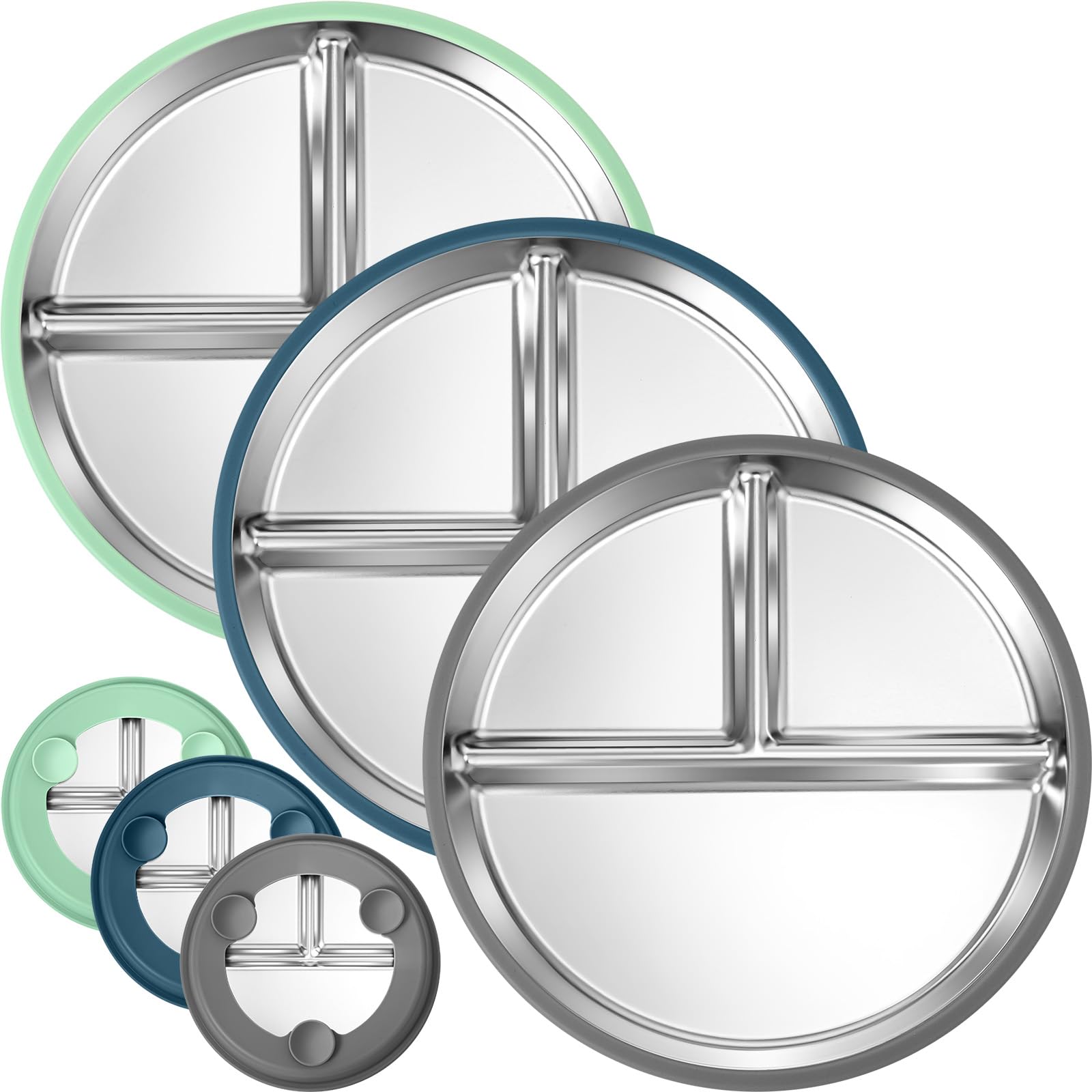 BUSOHA 3-pack front view shows durable stainless plates for toddler meals