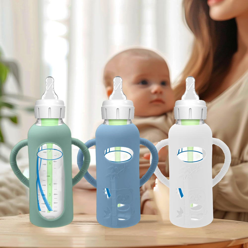 BUSOHA 8 oz glass bottle shown with silicone sleeve.