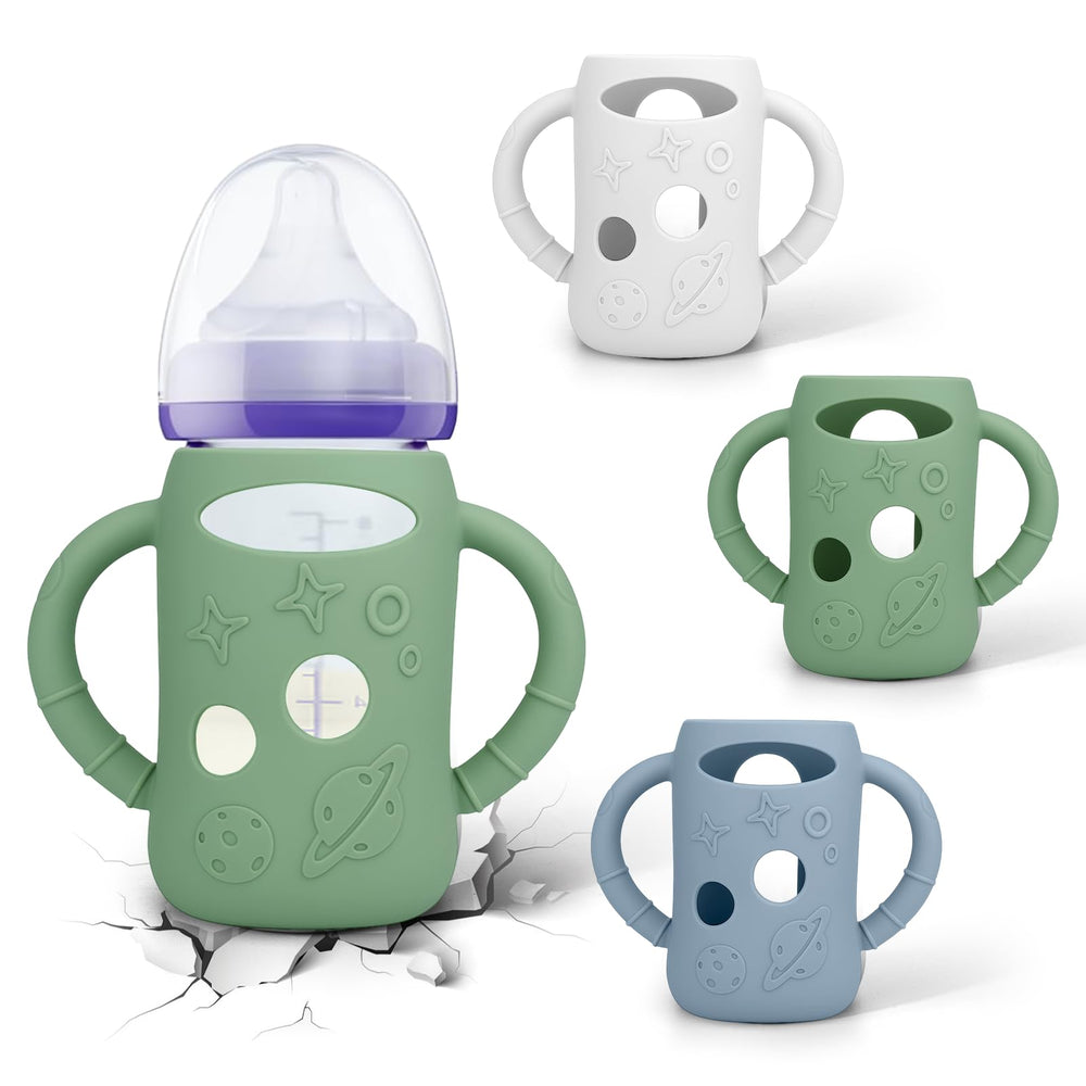 BUSOHA silicone sleeve on Lansinoh bottle for a firmer grip during feeding