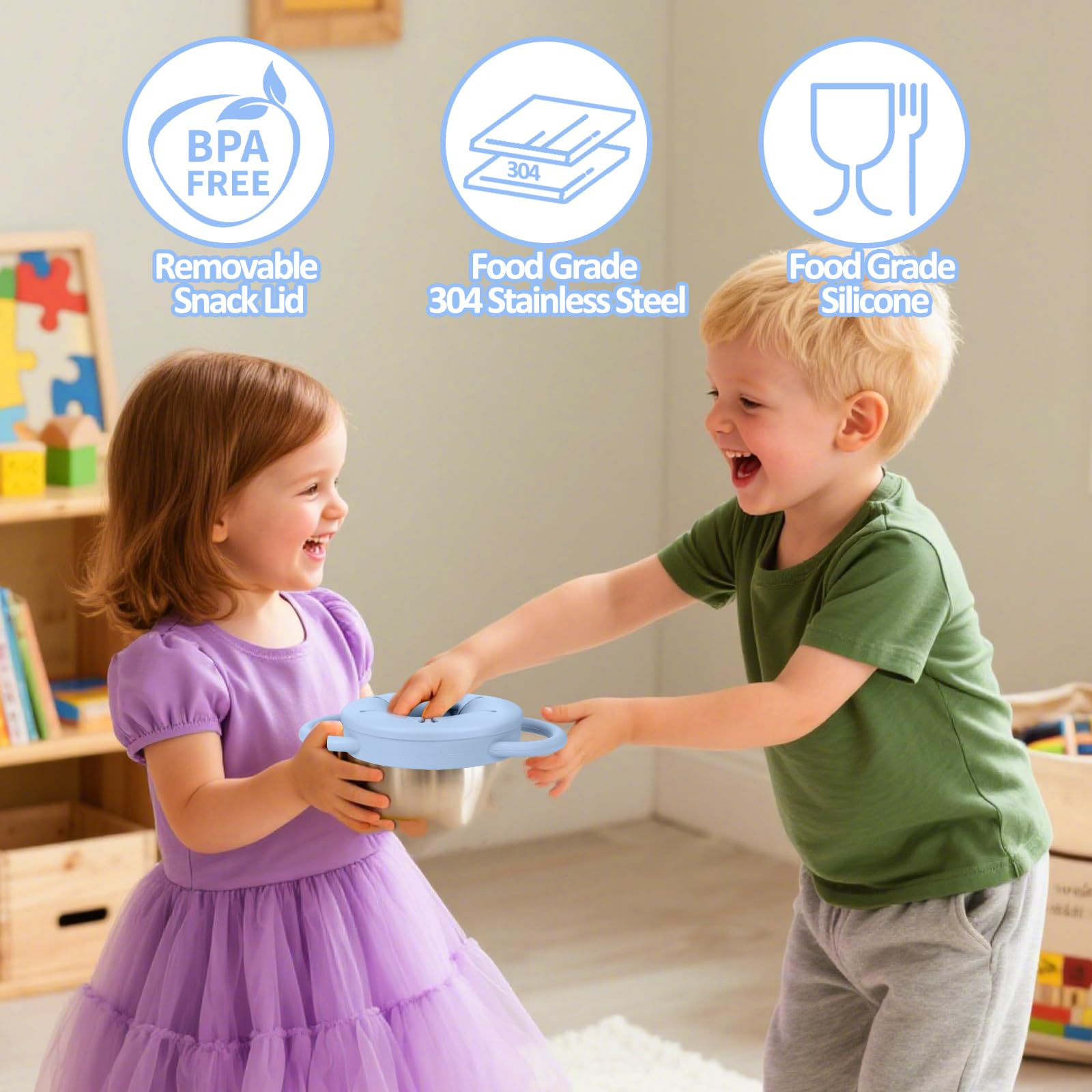 BUSOHA stainless steel snack cup durability for drops, bumps, and everyday toddler adventures.