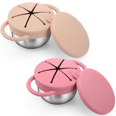 BUSOHA toddler snack cups with lid show 9oz capacity for mess-free snacking on the go.
