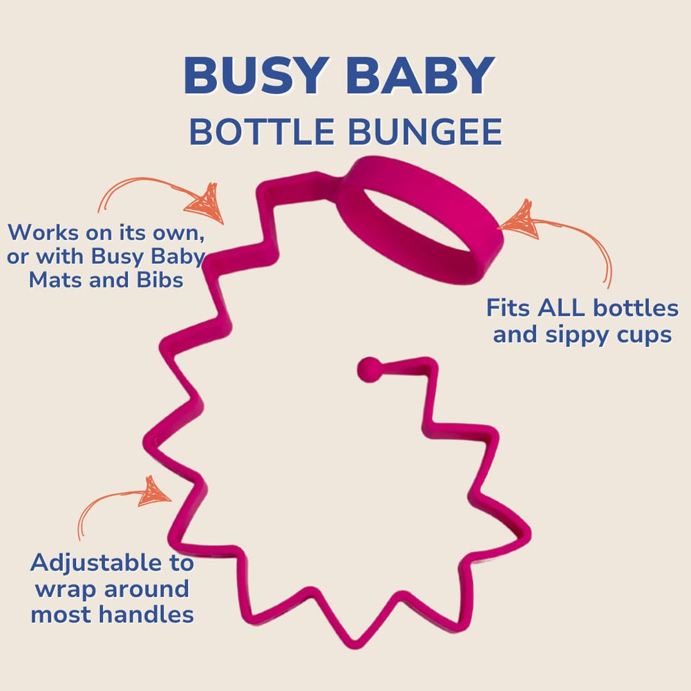 Busy Baby Bottle Bungee pink close-up shows soft, durable silicone texture.