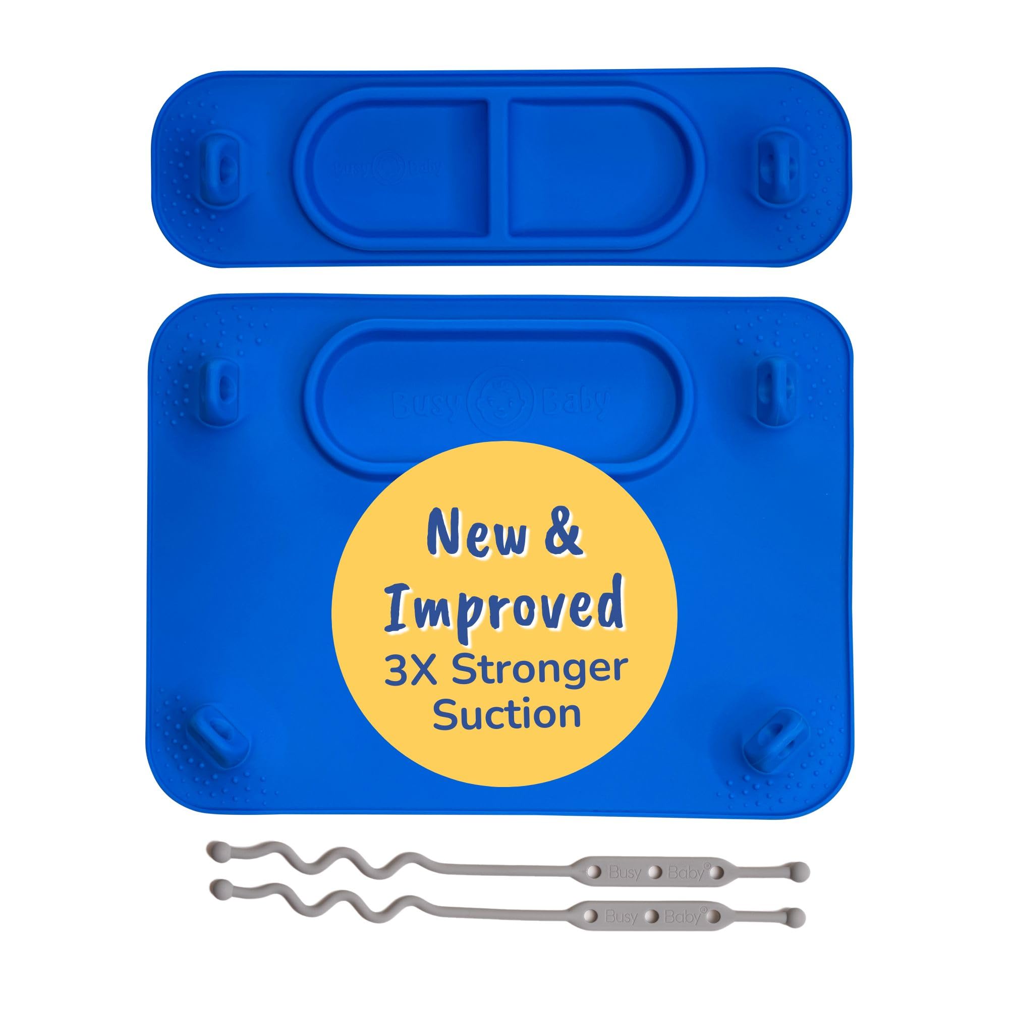 Busy Baby Original Silicone Placemat blue on tabletop supports mess-free meals and quick cleanup.