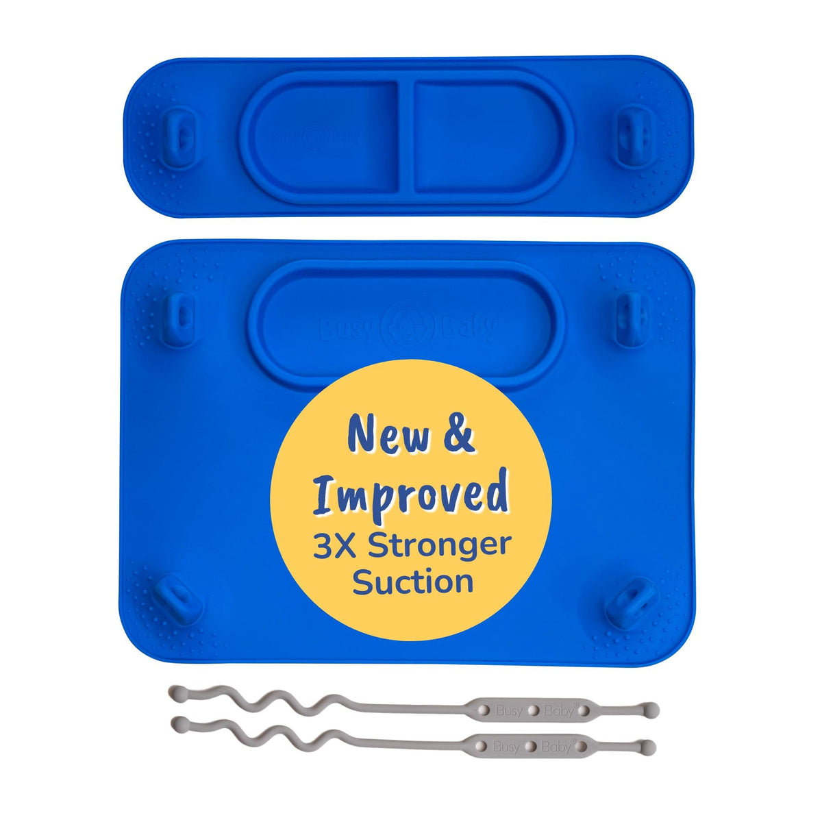 Busy Baby Original Silicone Placemat blue on tabletop supports mess-free meals and quick cleanup.