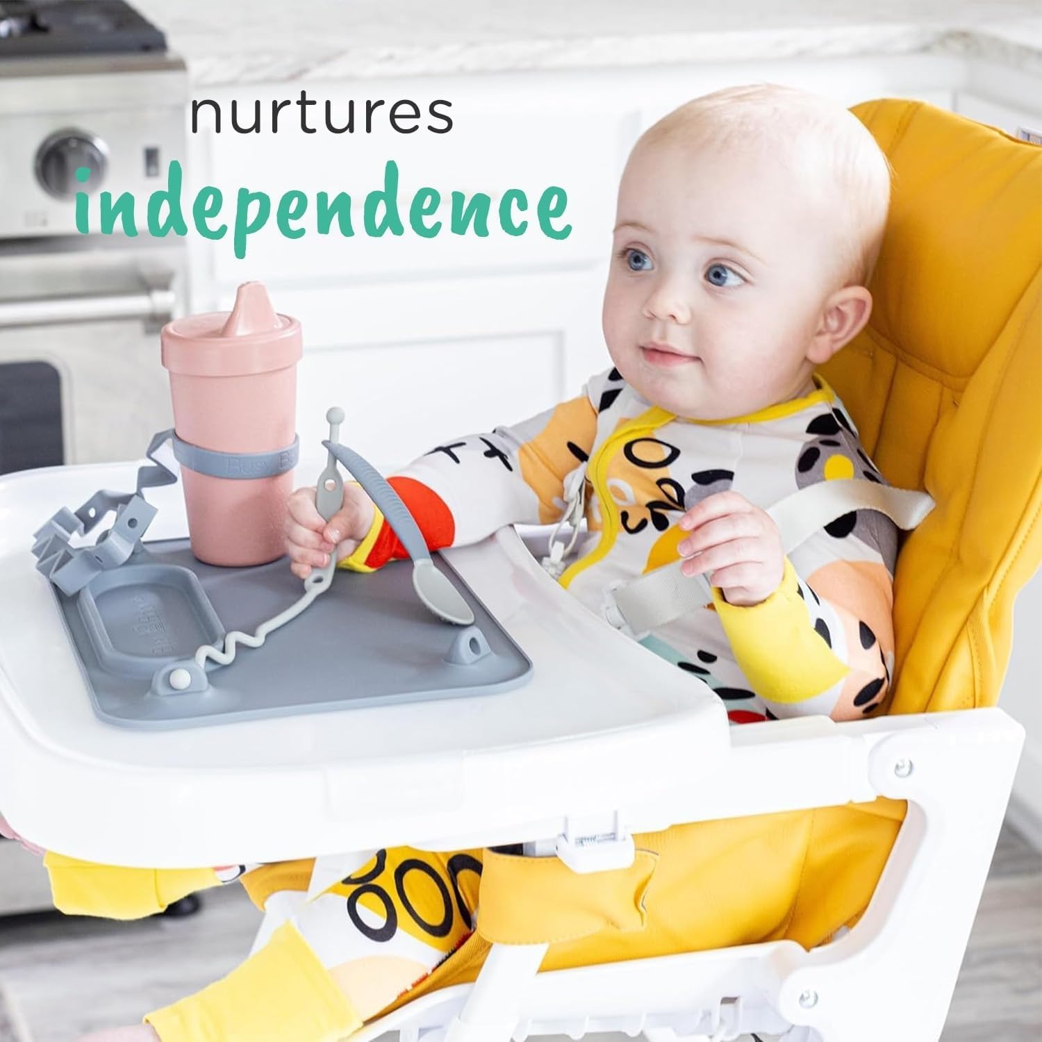 Busy Baby silicone set is dishwasher-safe for easy cleanup.