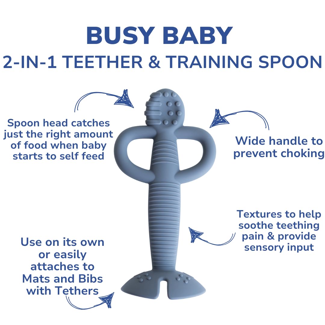 Busy Baby teething spoon easy-clean photo highlights quick rinse and safe dishwashing.