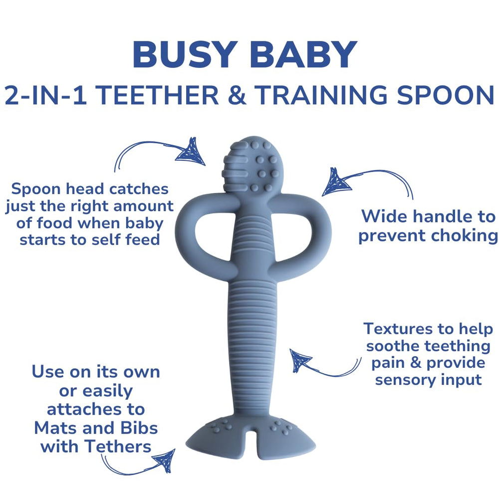 Busy Baby teething spoon easy-clean photo highlights quick rinse and safe dishwashing.
