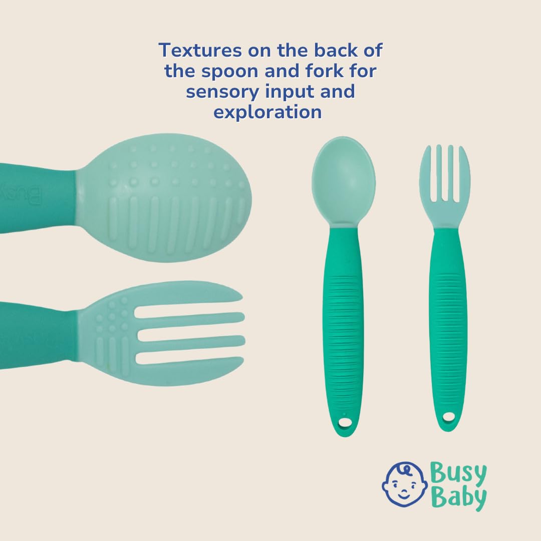 Busy Baby utensils dishwasher-safe label signals easy cleaning between meals.