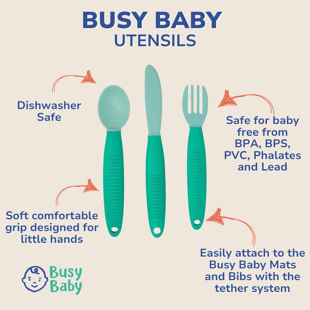 Busy Baby utensils fork close-up highlights rounded tips for safe chewing.