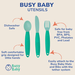 Busy Baby utensils fork close-up highlights rounded tips for safe chewing.