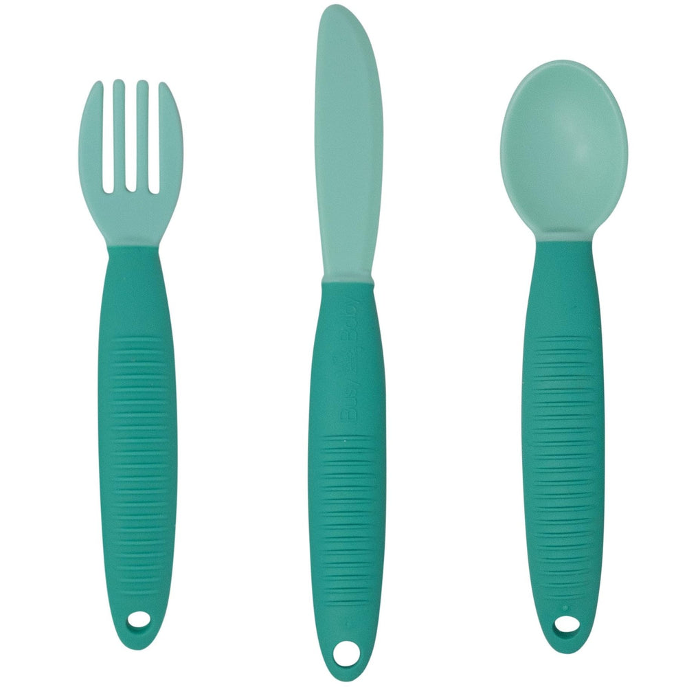 Busy Baby utensils tether-compatibility demonstrates easy attachment to Busy Baby mats.