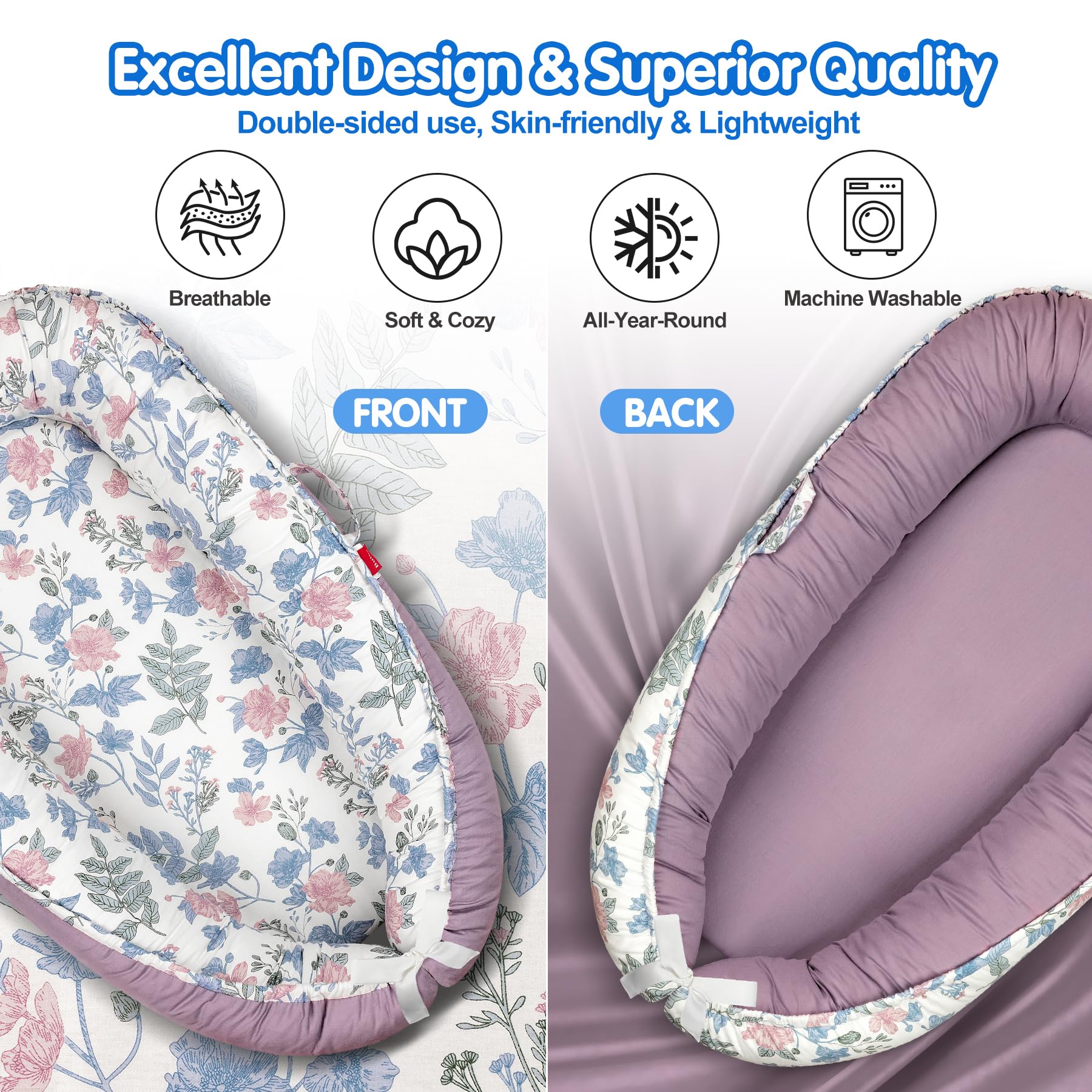 BUTOA baby lounger breathable cotton cover keeps baby comfortable with consistent airflow