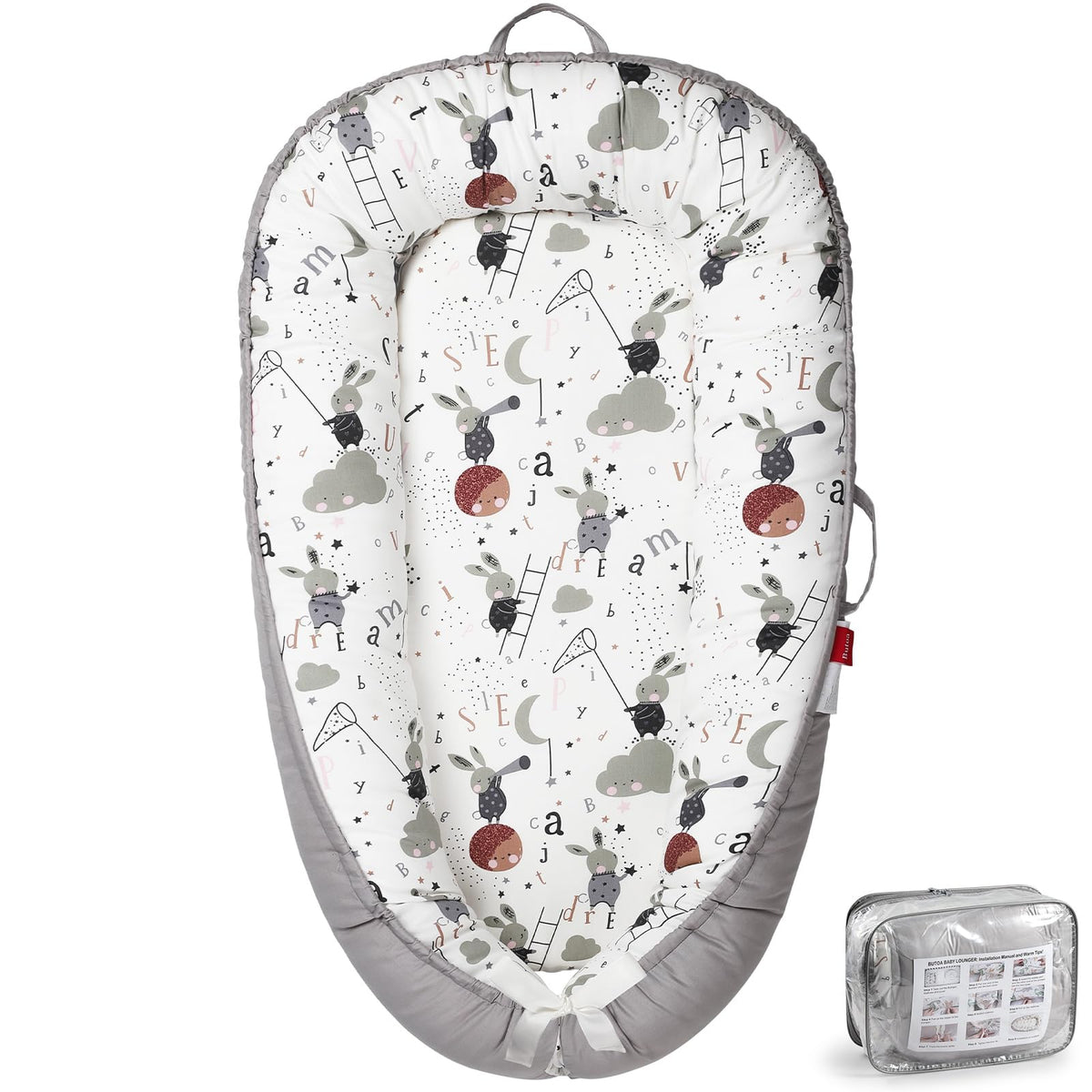BUTOA Baby Lounger top view showing breathable cotton cover for cozy newborn moments