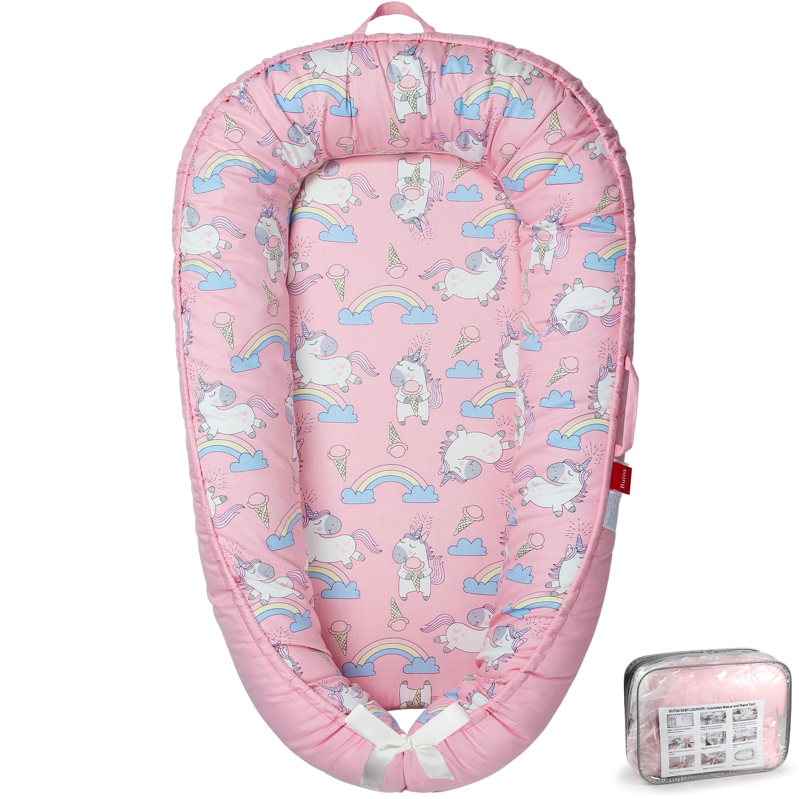 BUTOA Baby Lounger close-up of soft breathable cotton for baby's comfort.