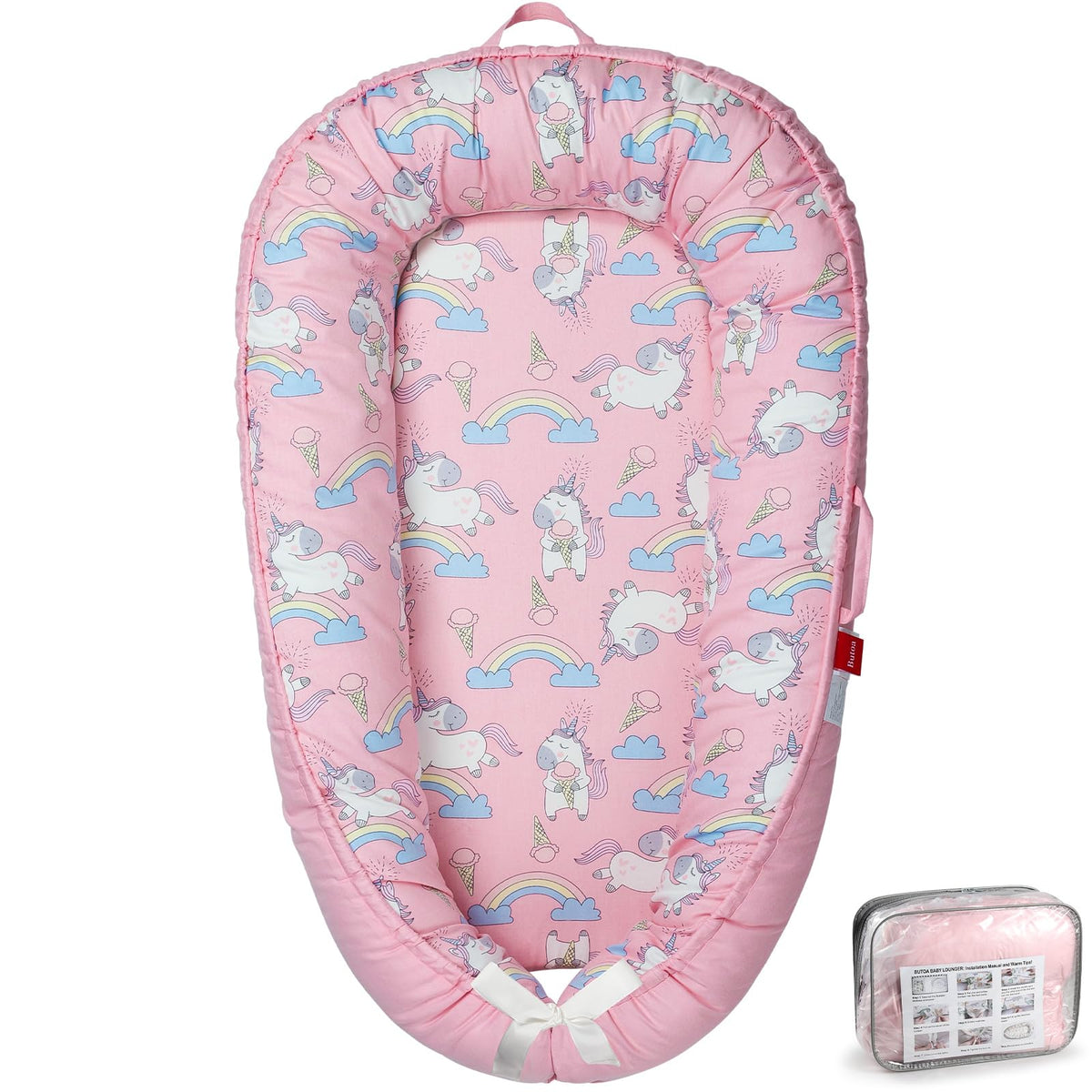 BUTOA Baby Lounger close-up of soft breathable cotton for baby's comfort.