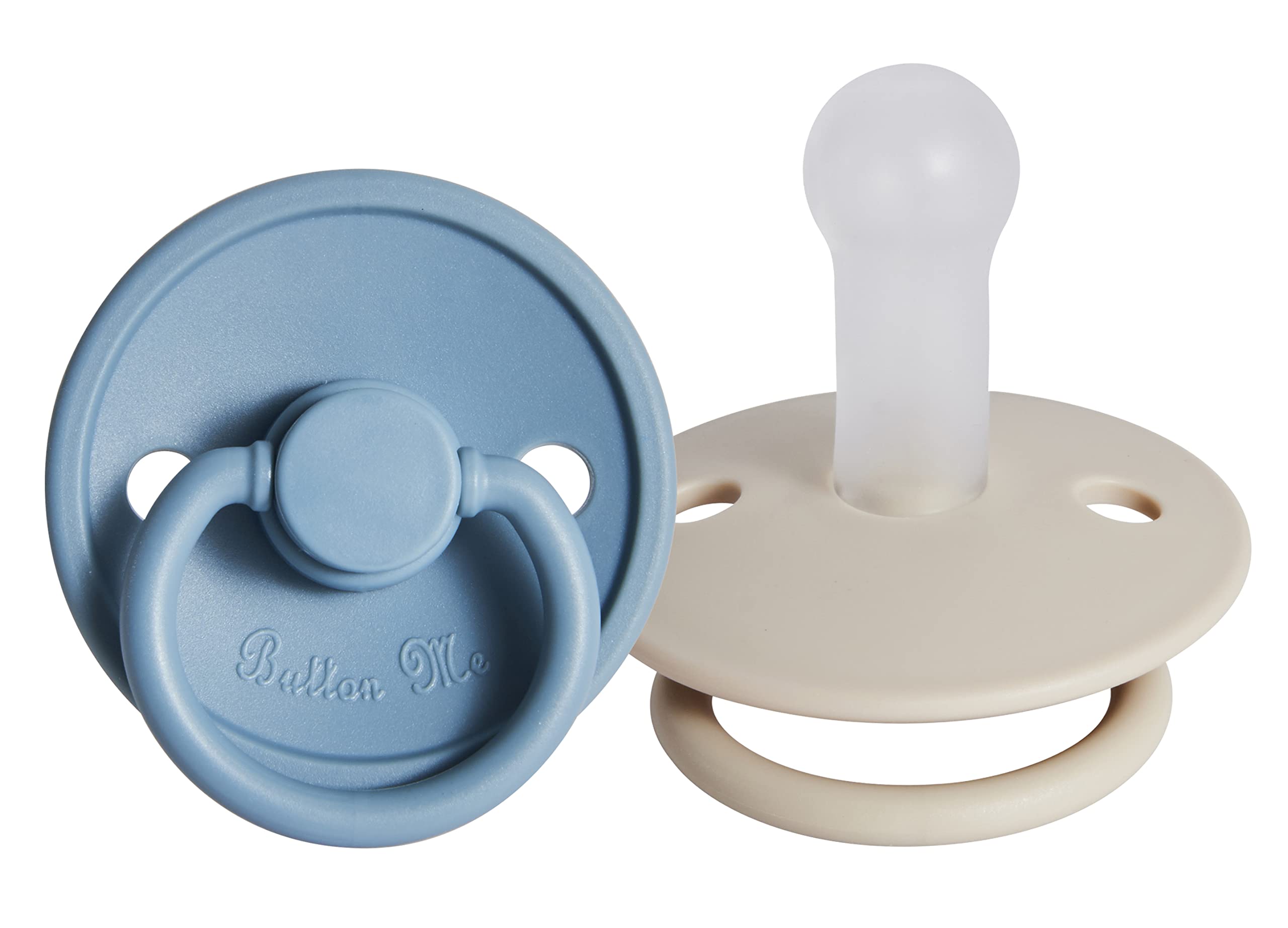 Button Me premium soft silicone pacifier 2-pack packaging demonstrates durable soothing design.