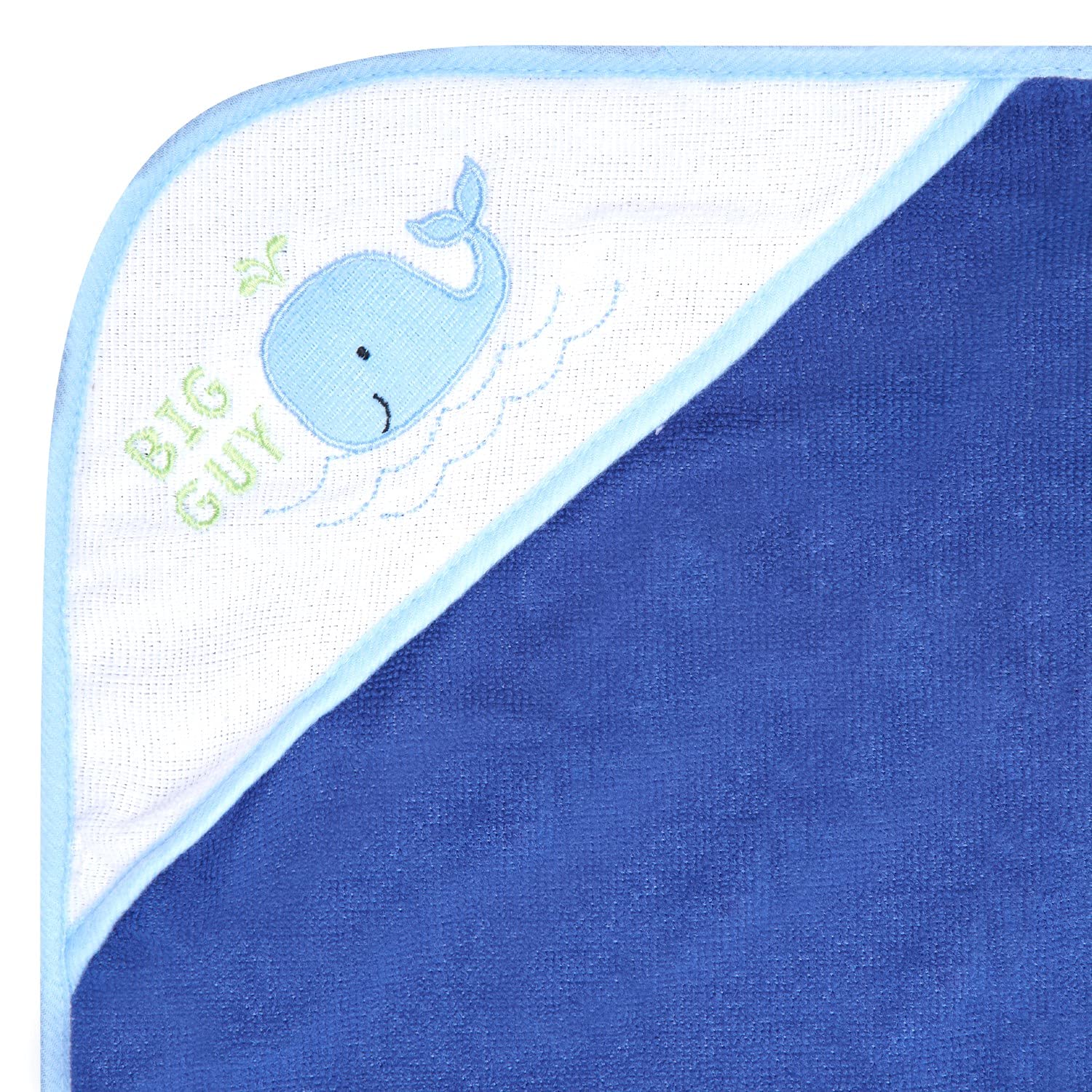Buttons & Stitches Blue Whale hooded towels hood detail, helps keep baby warm after baths.