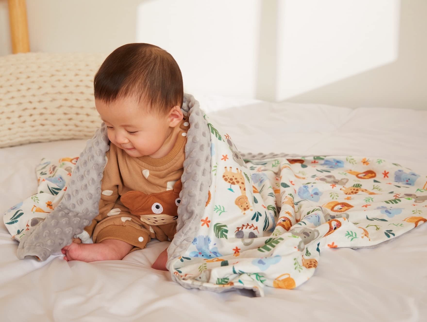 BUTTZO Cute Animal Minky Blanket used as stroller cover or nursing wrap