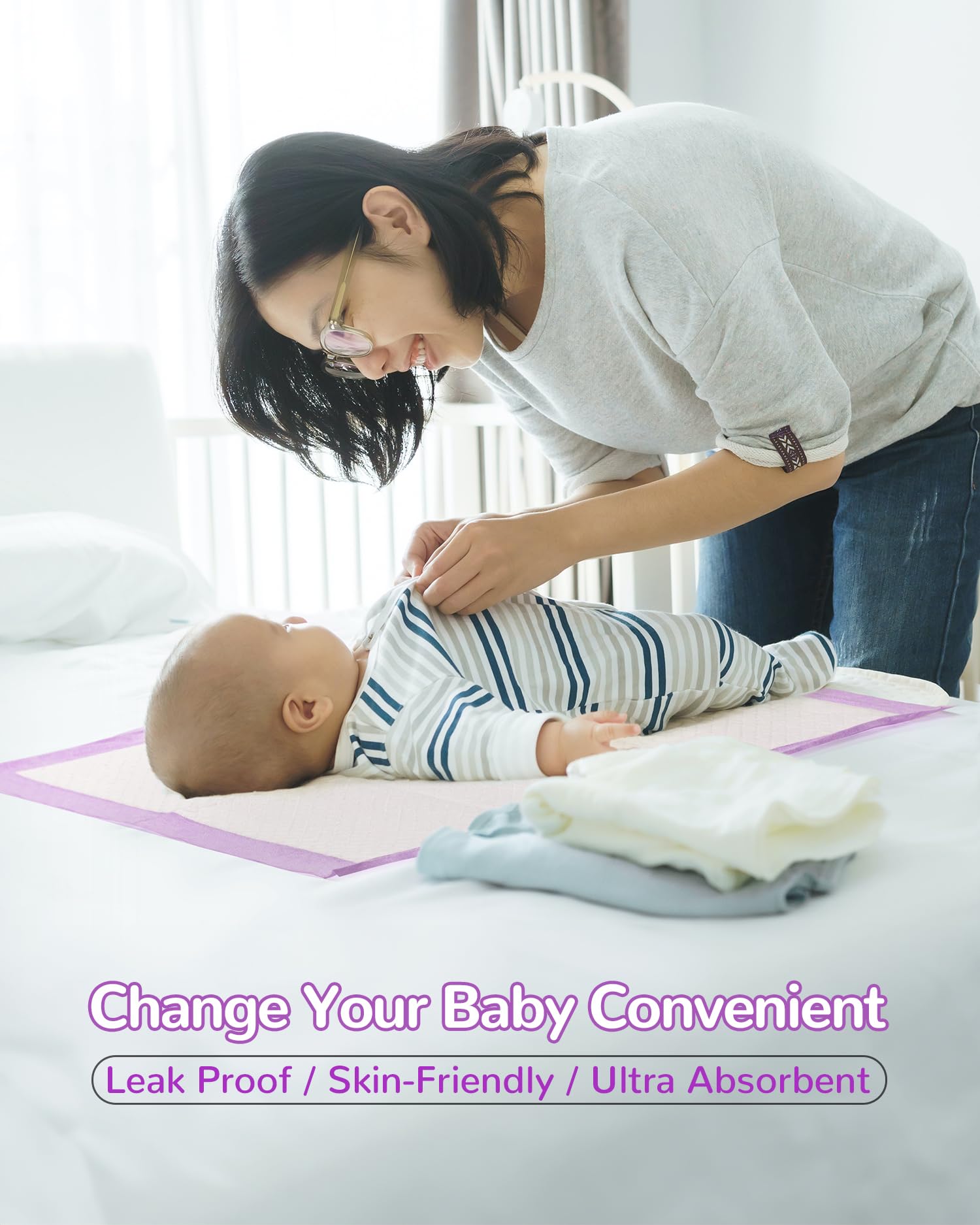 Buyockss 100-pack underpads in packaging emphasizes convenience for busy households.