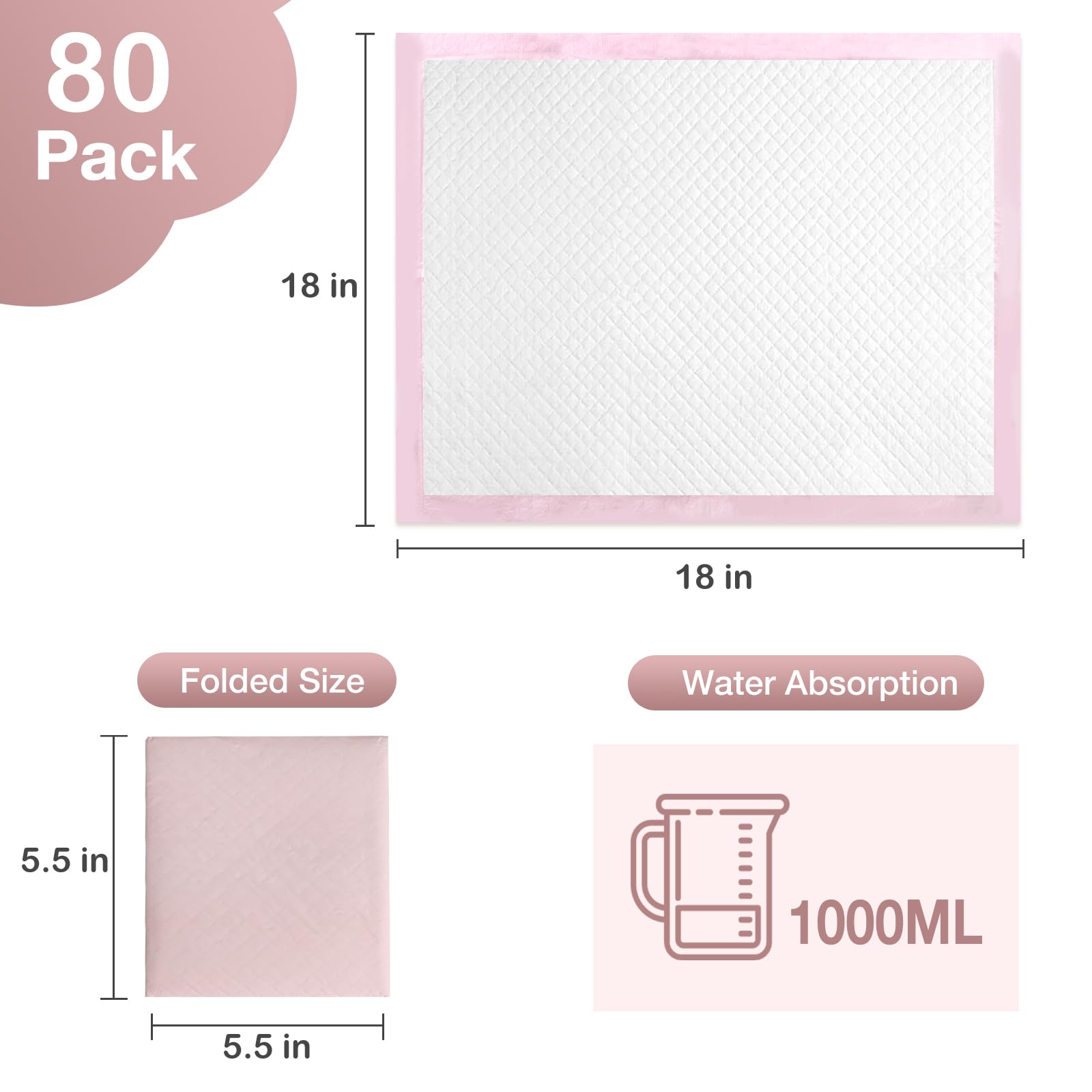 Buyockss pink 18x18 disposable pads offer quick-drying comfort during changes.
