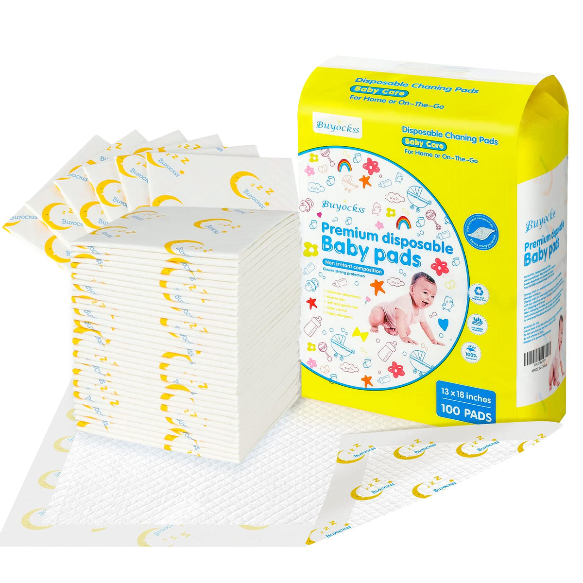 Buyockss baby changing pads packaging shows a 100-count box for stocking