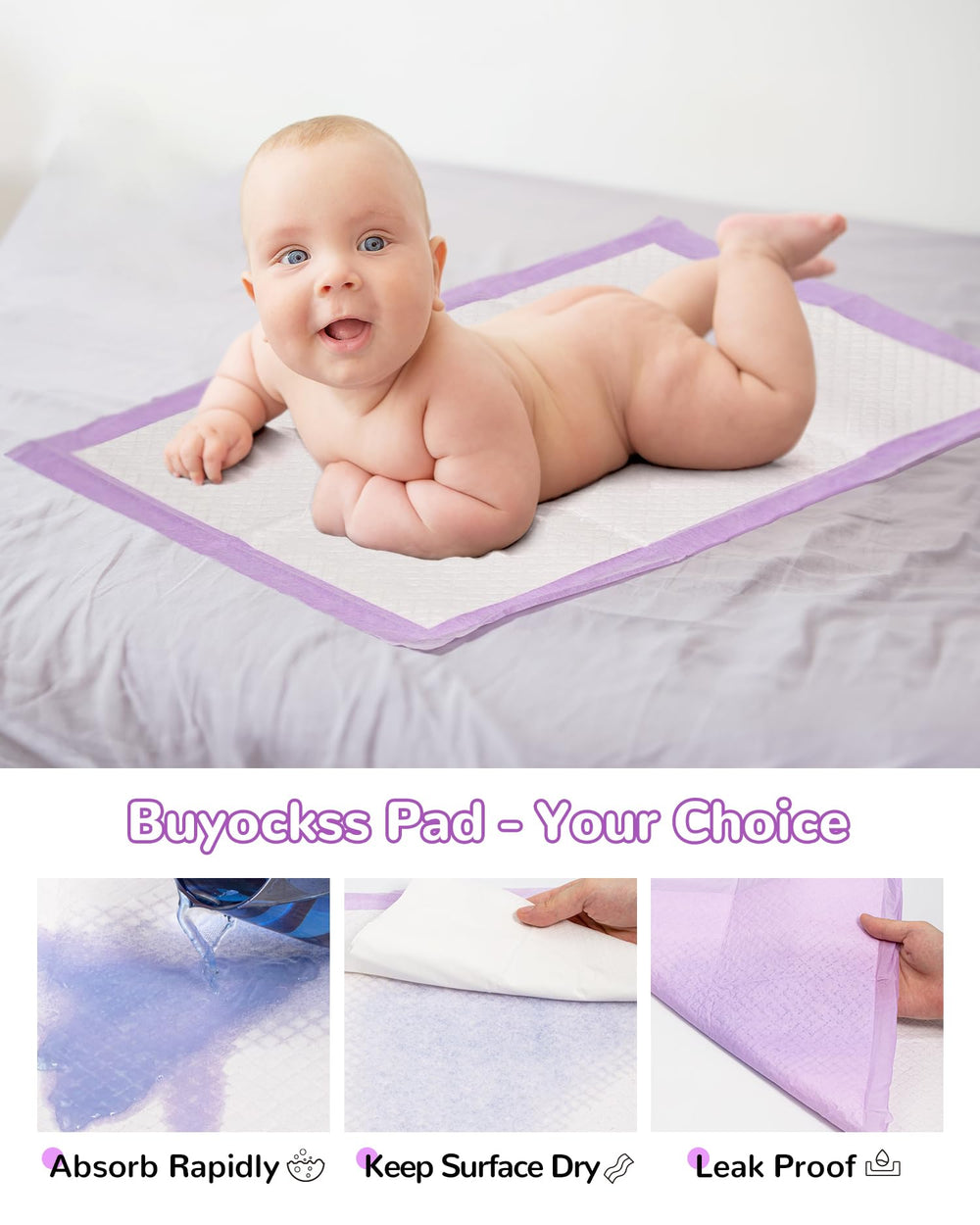 Buyockss changing-table protection scene with pad under diaper change, reducing mess.