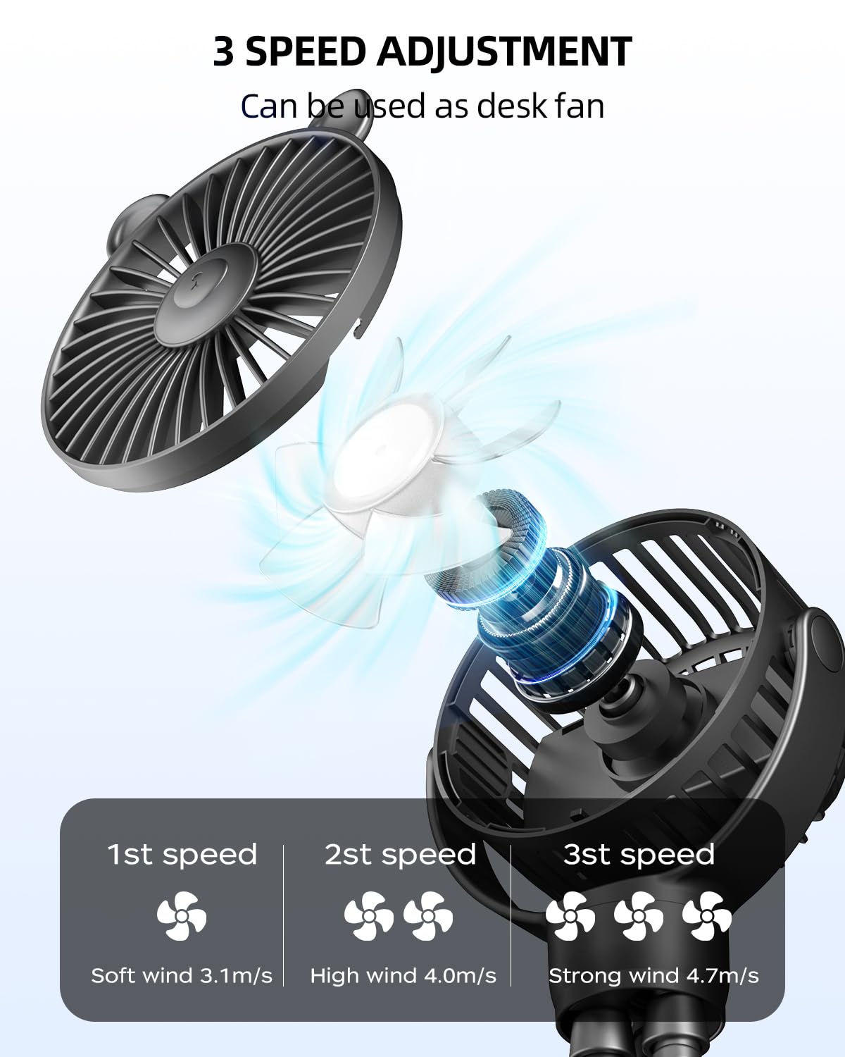 Buywoo battery-powered stroller fan recharges via USB for travel-friendly cooling