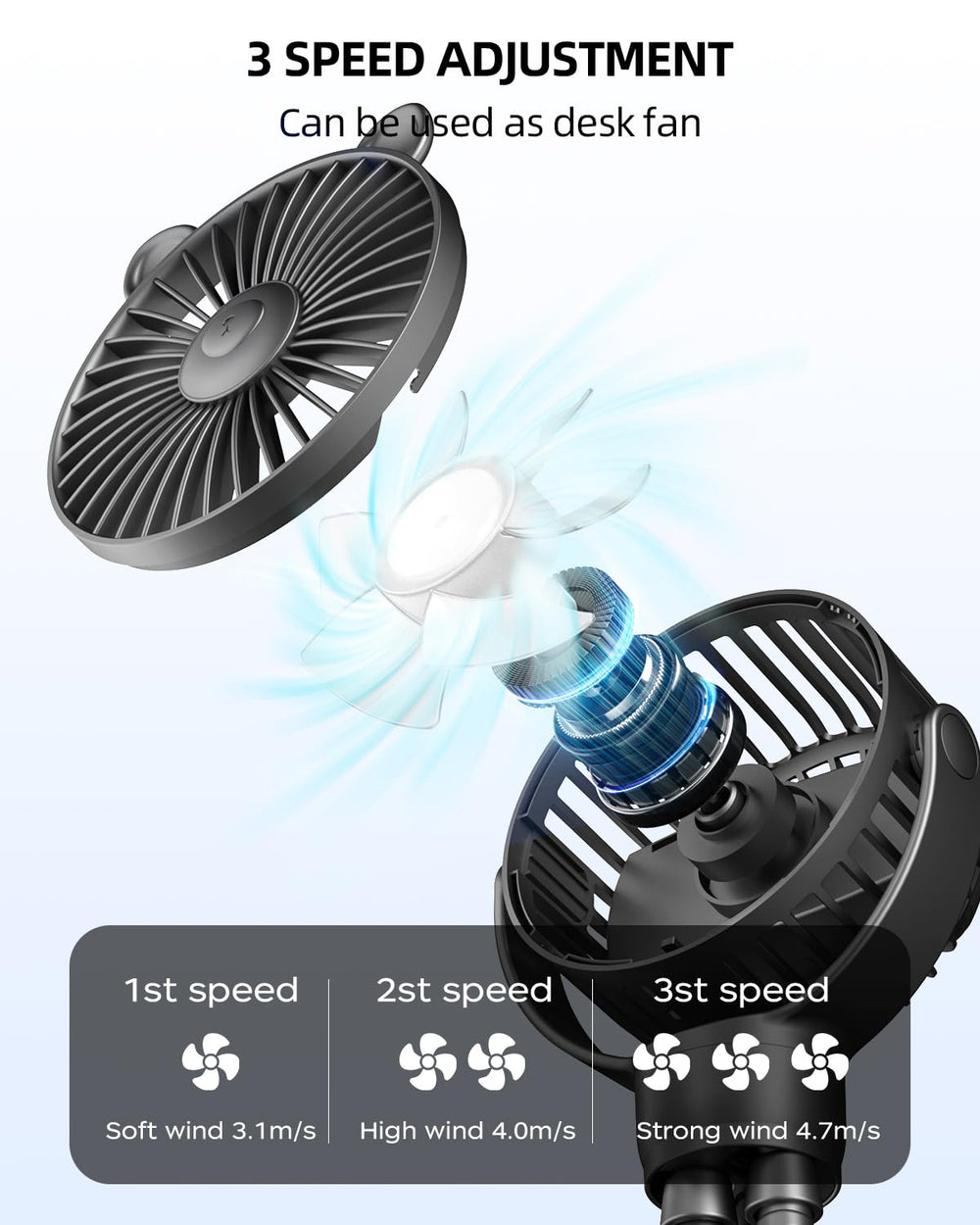 Buywoo battery-powered stroller fan recharges via USB for travel-friendly cooling