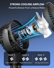 BuyWoo fan uses a rechargeable battery for long-lasting power during travel.