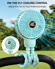 BuyWoo portable-stroller-mini-fan-clip-attachment secures to stroller, car seat, or bike for hands-free cooling.