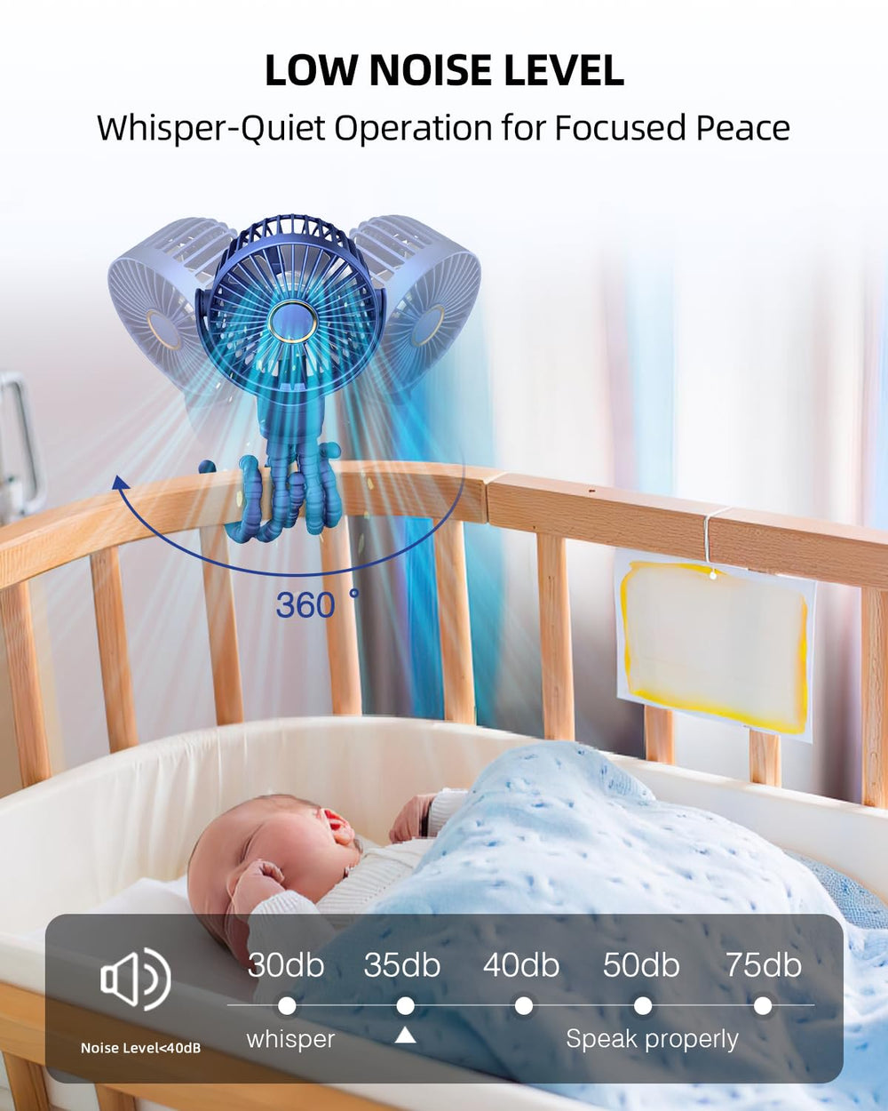 buywoo stroller fan flexible-tripod-clip secures to strollers and car seats for steady cooling.