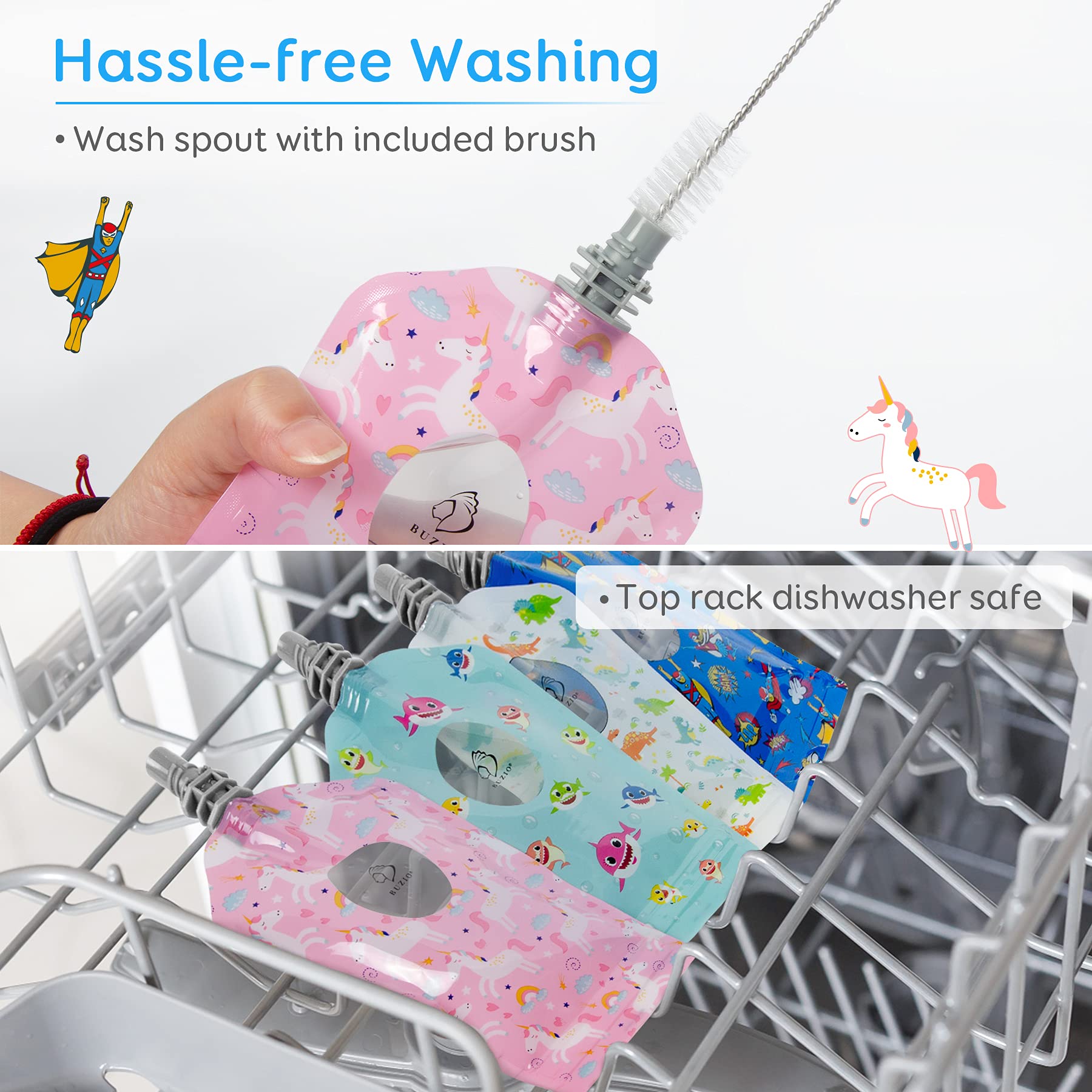 BUZIO dishwasher-safe and freezer-safe pouches simplify cleaning and storage.