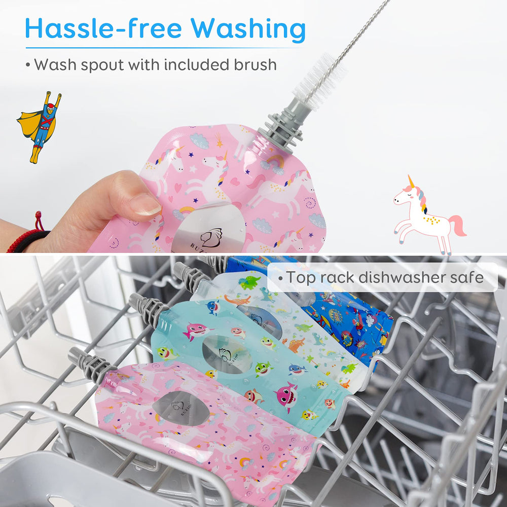 BUZIO dishwasher-safe and freezer-safe pouches simplify cleaning and storage.