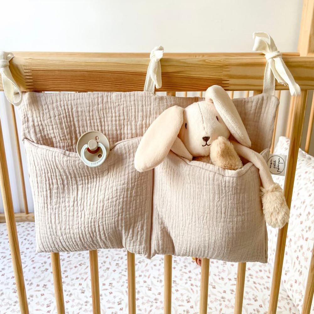BxuanW natural linen bedside organizer adds a soft touch to nursery décor