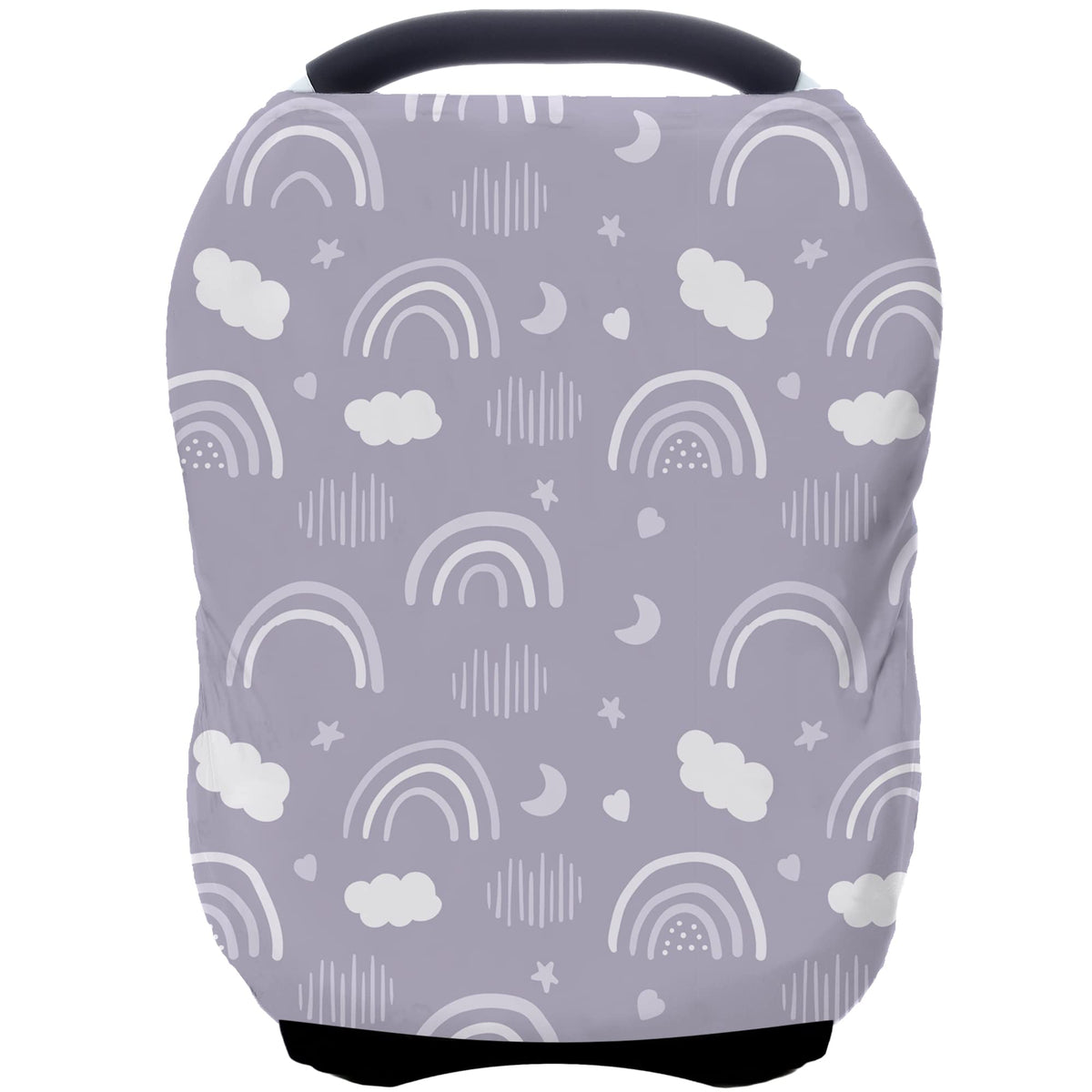 ByeBye Calorie car-seat-cover in grey rainbow provides private feeding on the go.