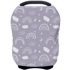 ByeBye Calorie car-seat-cover in grey rainbow provides private feeding on the go.